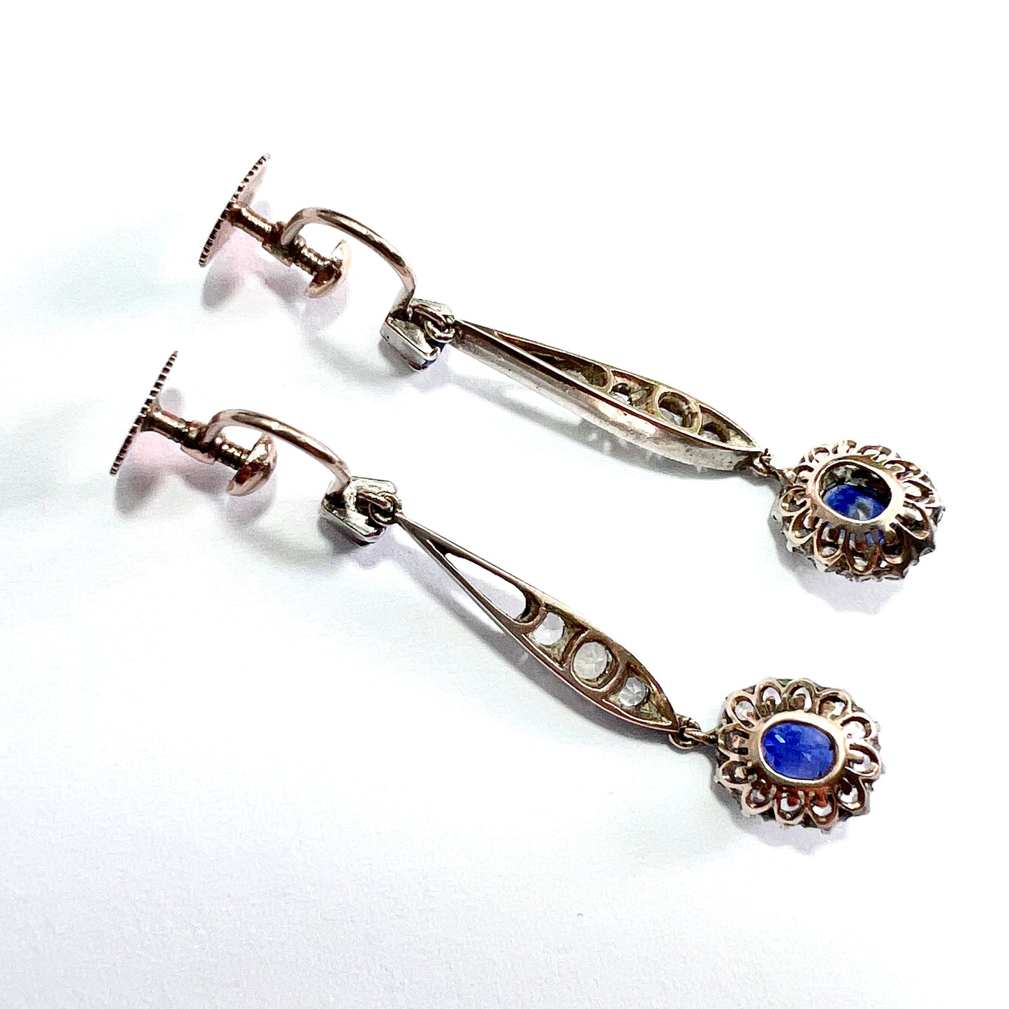 Edwardian Sapphire Cluster Silver and Gold Screwback Earrings