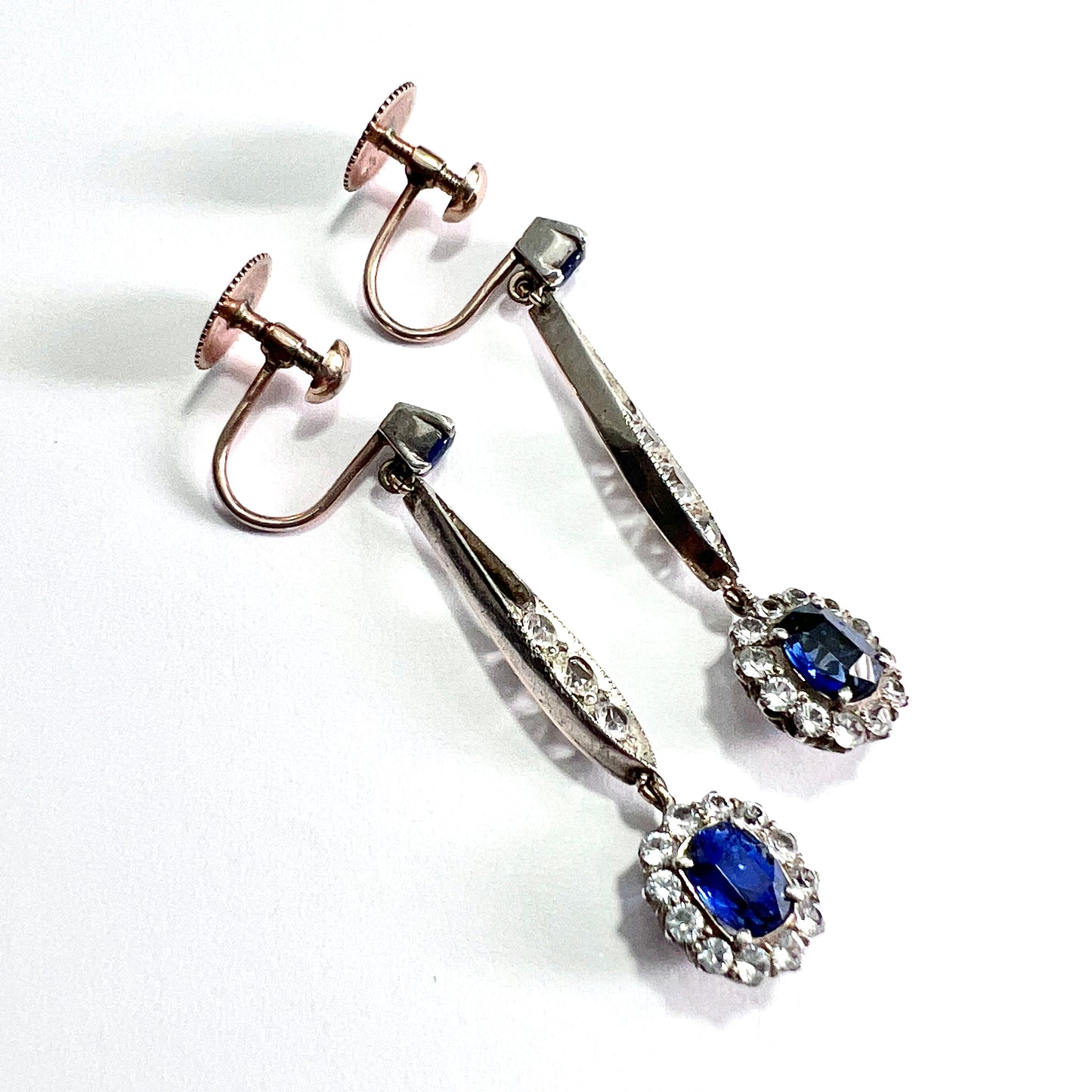 Edwardian Sapphire Cluster Silver and Gold Screwback Earrings