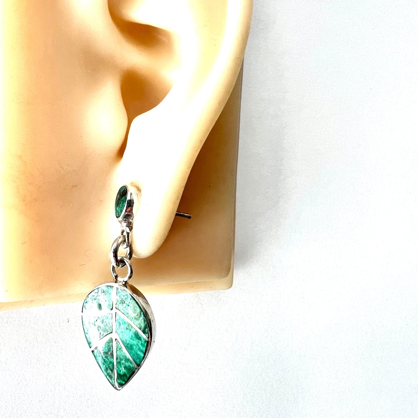 Vintage Malachite Leaf Sterling Silver Earrings and Pendant