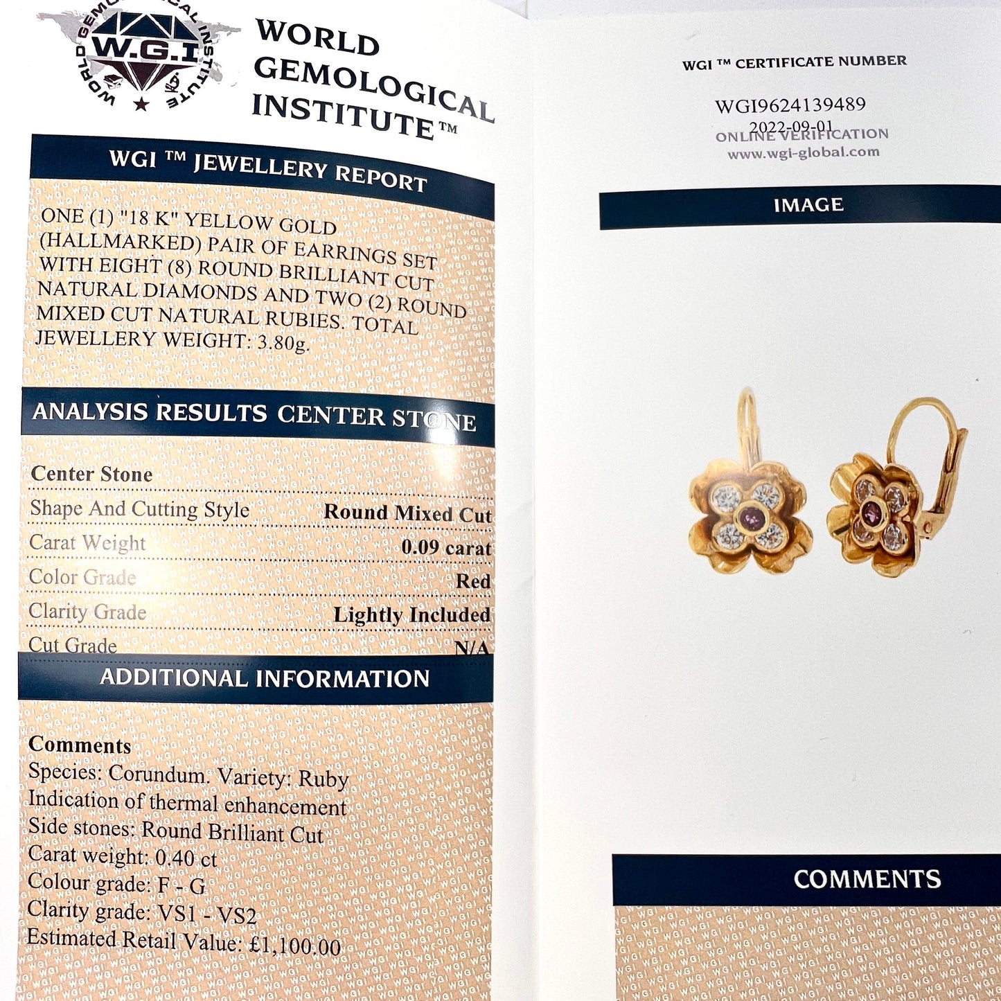 Vintage 18CT Gold WGI Certificated Ruby and Diamond Flower Earrings