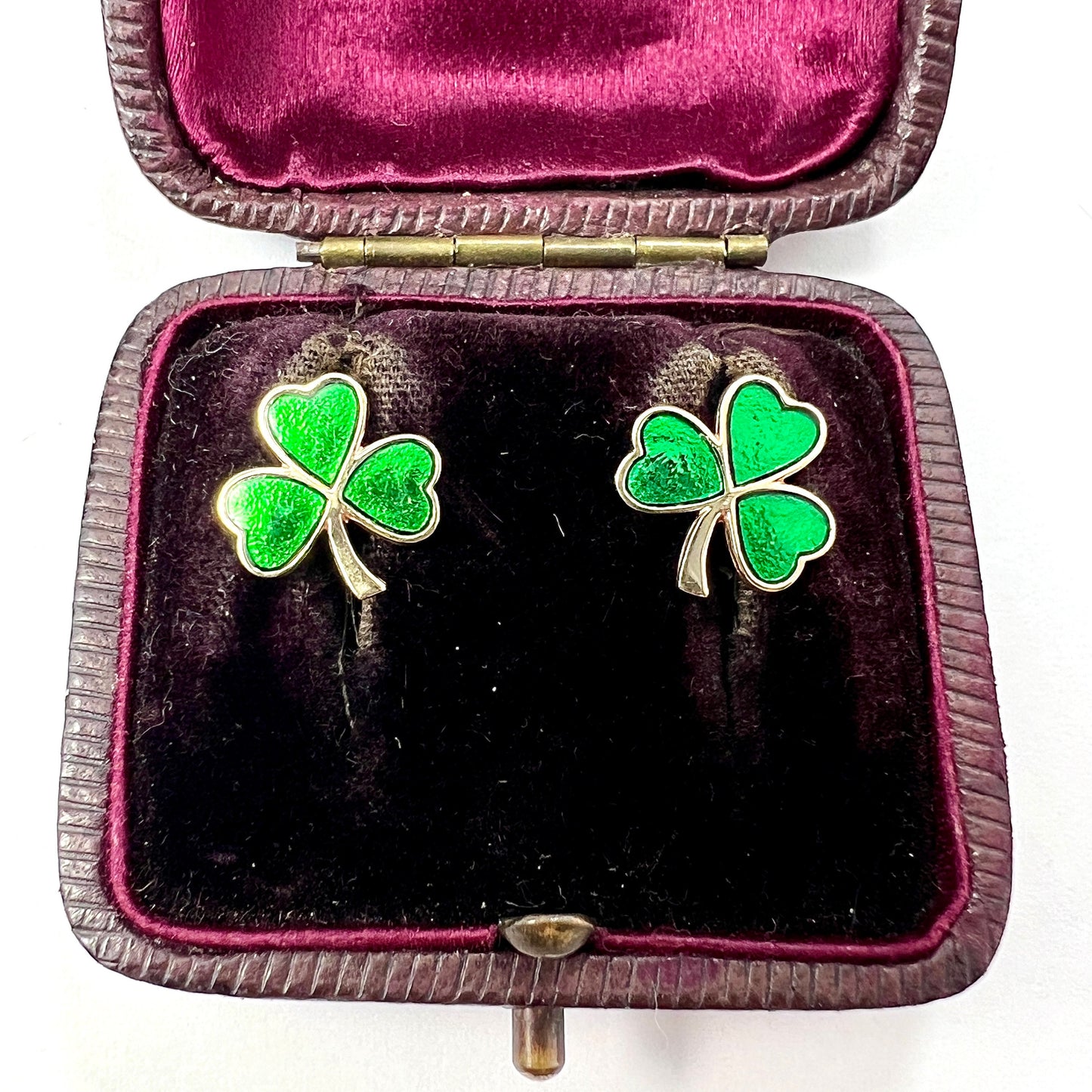 Vintage 9CT Gold Lucky Irish Shamrock Enamel Stud Earrings