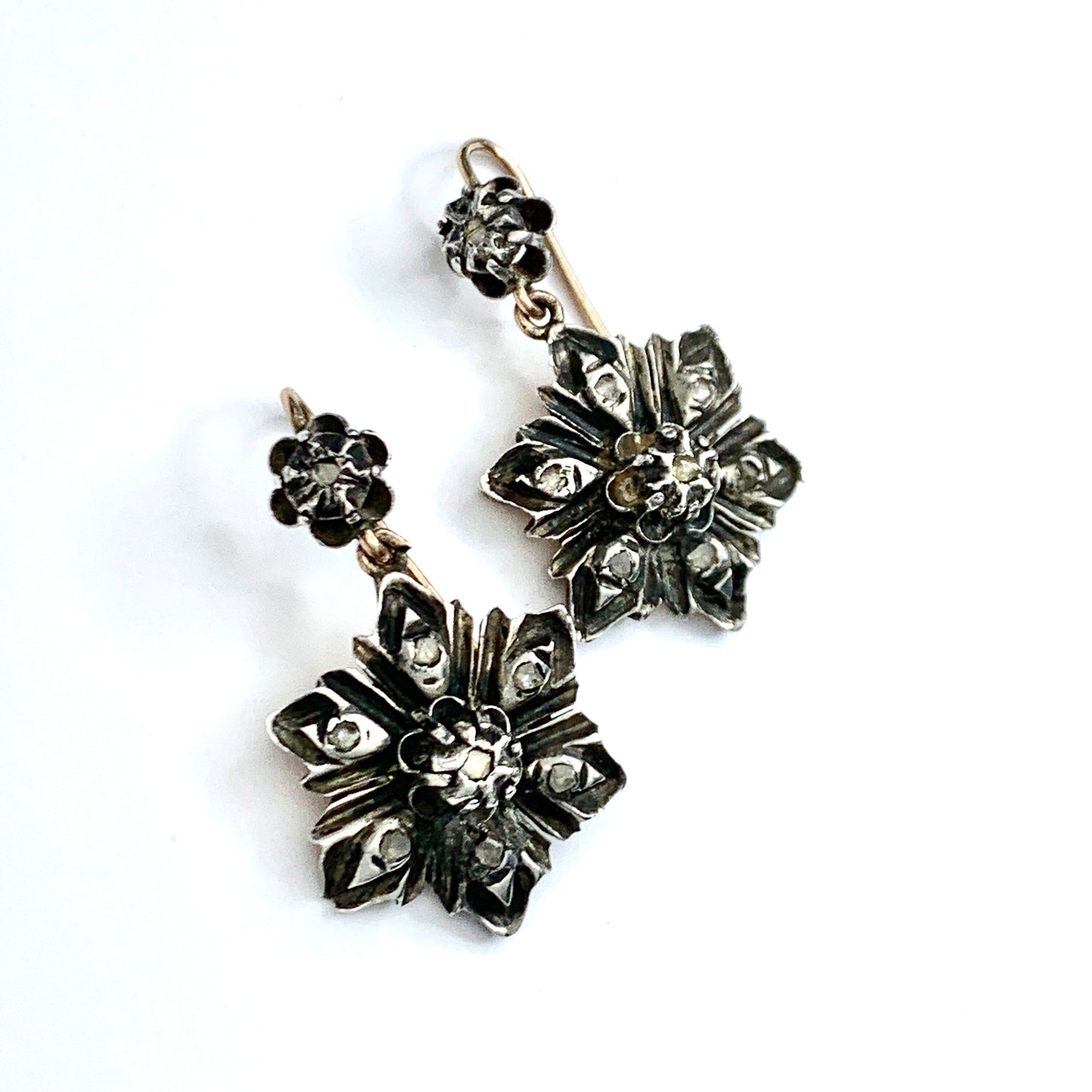 Georgian Rose Cut Diamond Flower Earrings in Silver and Gold