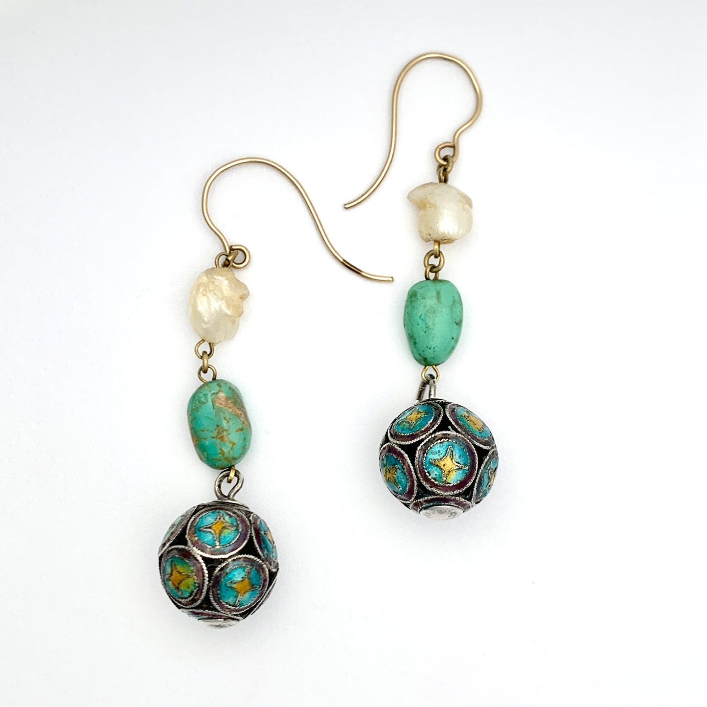 Antique Turquoise Enamelled 9CT Gold and Silver Baroque Pearl Earrings