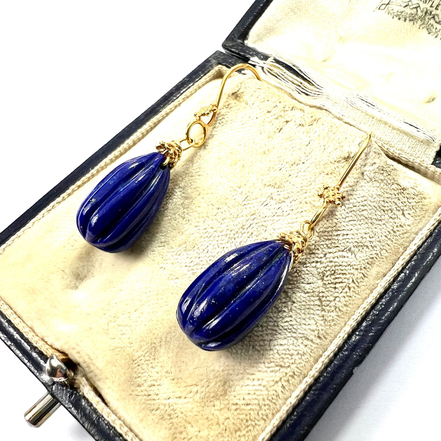 Vintage Solid 18CT Gold Lapis Lazuli Fluted Teardrop Earrings