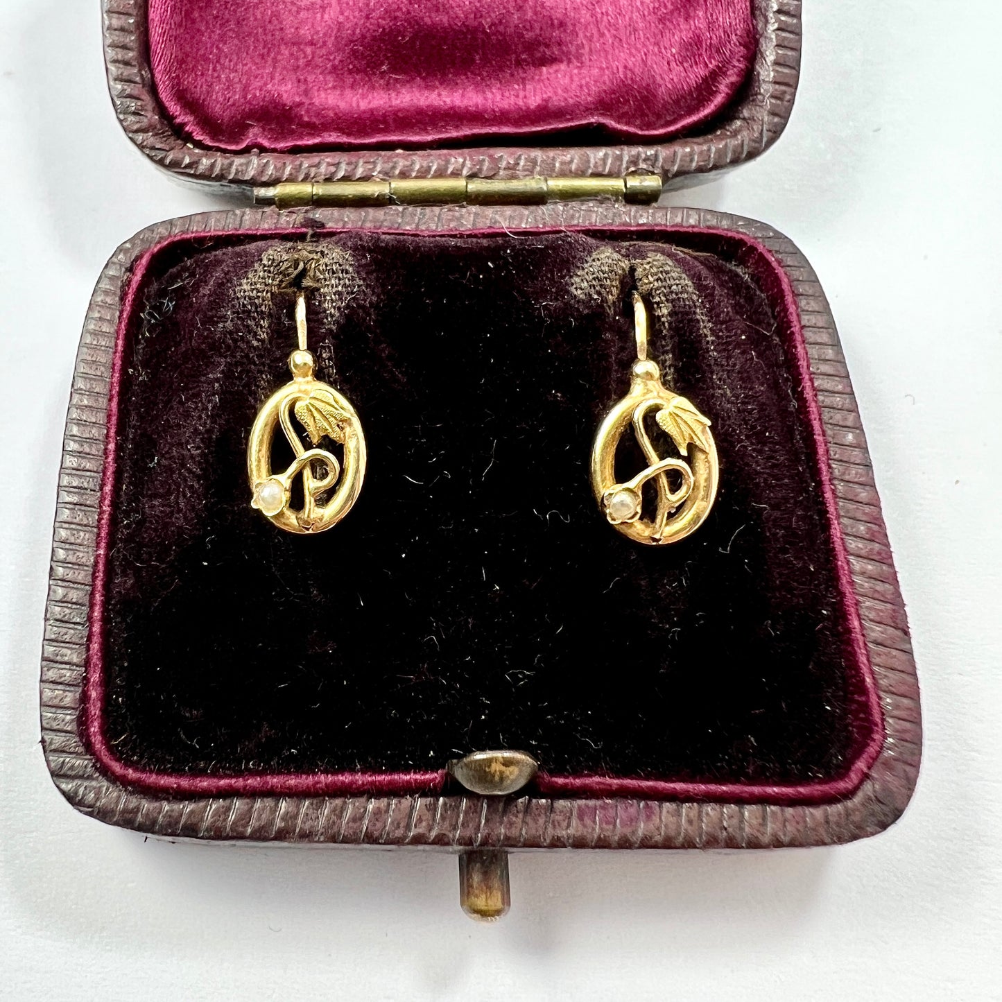 Victorian Art Nouveau 9CT Gold Pearl Flower Dormeuse Earrings