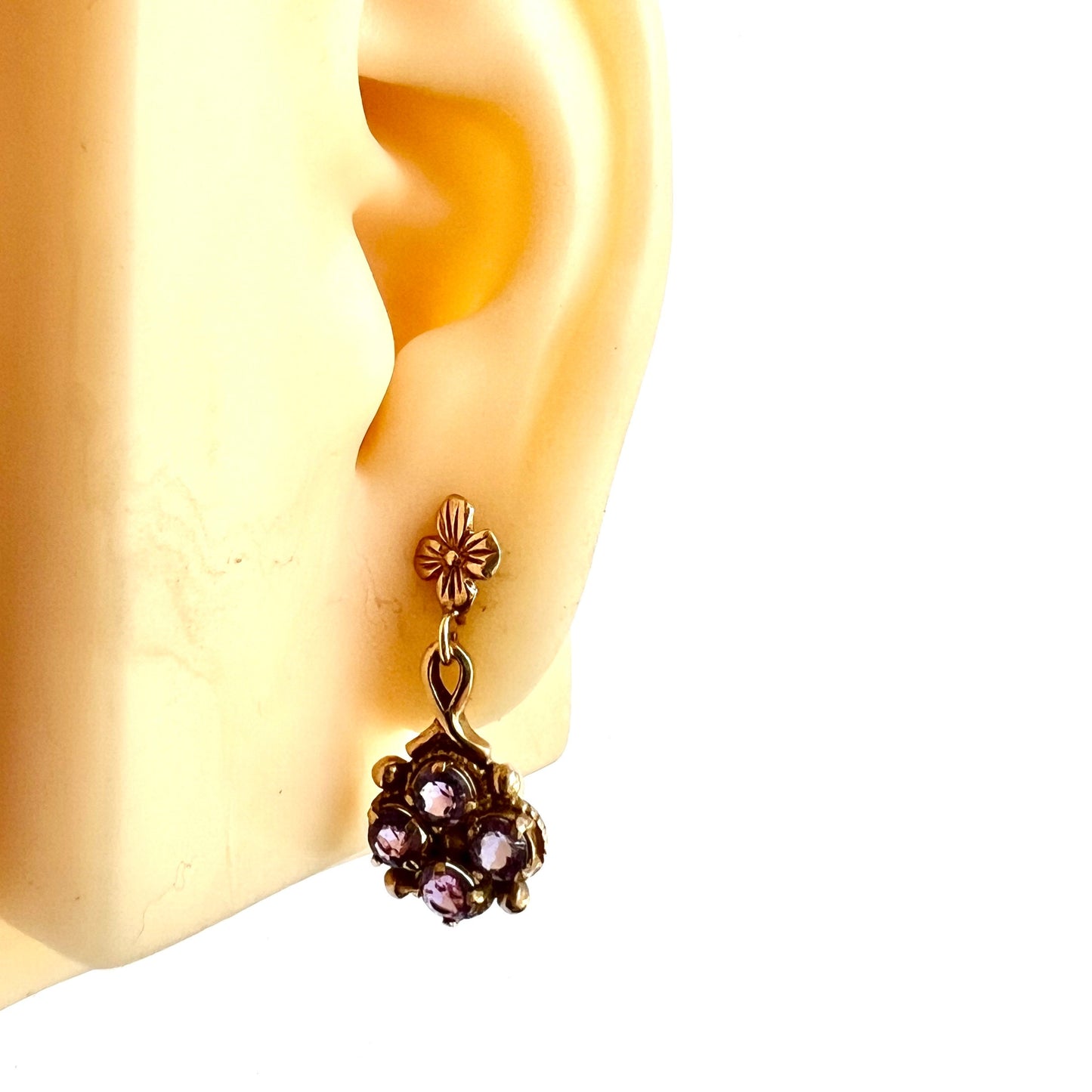Vintage Amethyst 9CT Gold Flower Cluster Earrings
