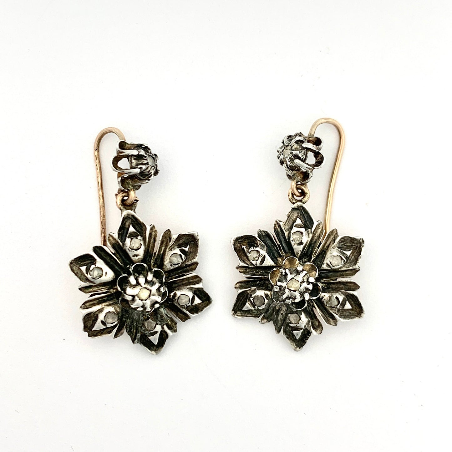 Georgian Rose Cut Diamond Flower Earrings in Silver and Gold