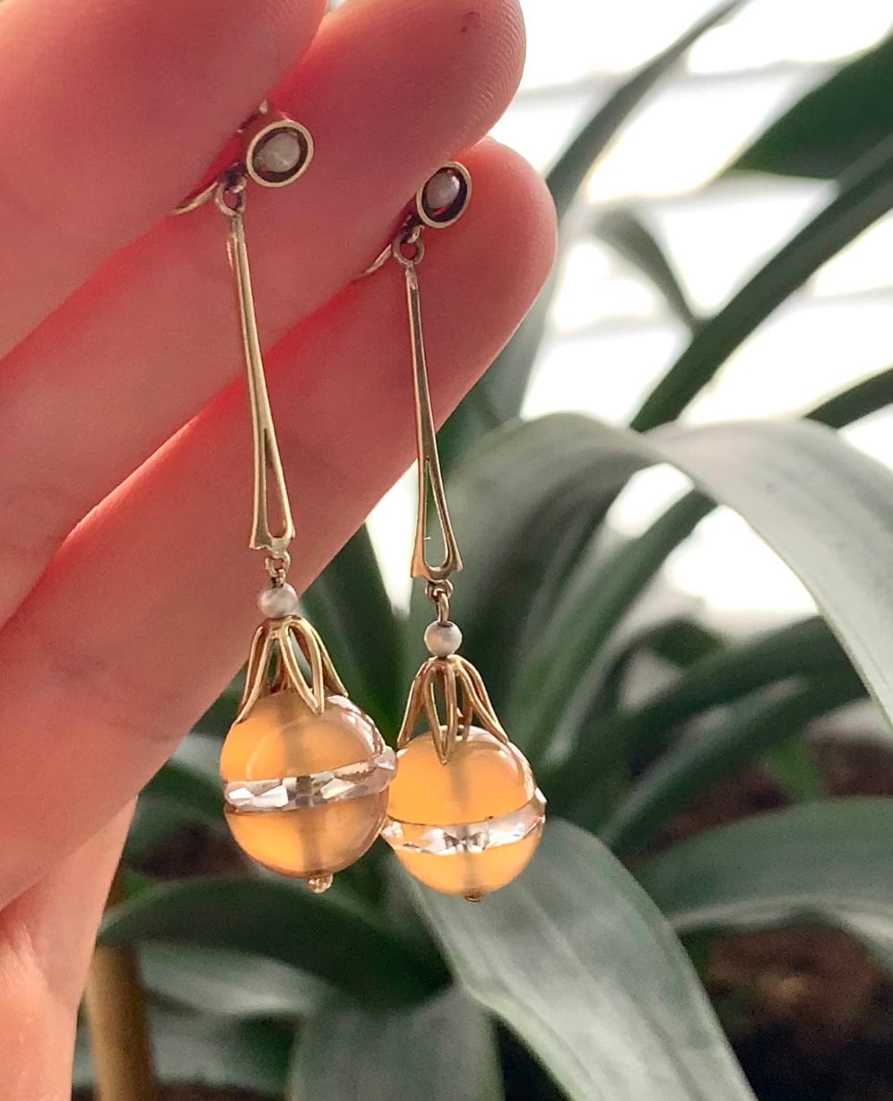Edwardian 15CT Gold Chalcedony, Pearl and Rock Crystal Egg Long Drop Earrings