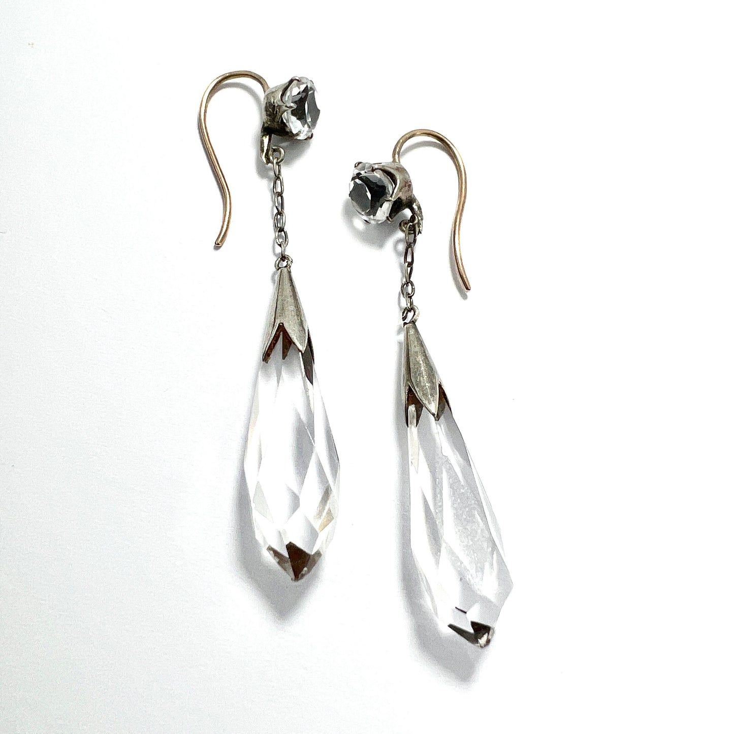 Edwardian 9CT Gold Silver Rock Crystal Chain Drop Earrings