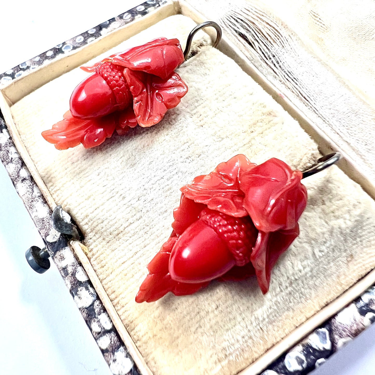 Victorian Coral Celluloid Acorn Earrings