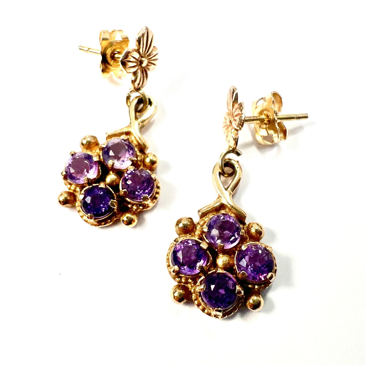 Vintage Amethyst 9CT Gold Flower Cluster Earrings