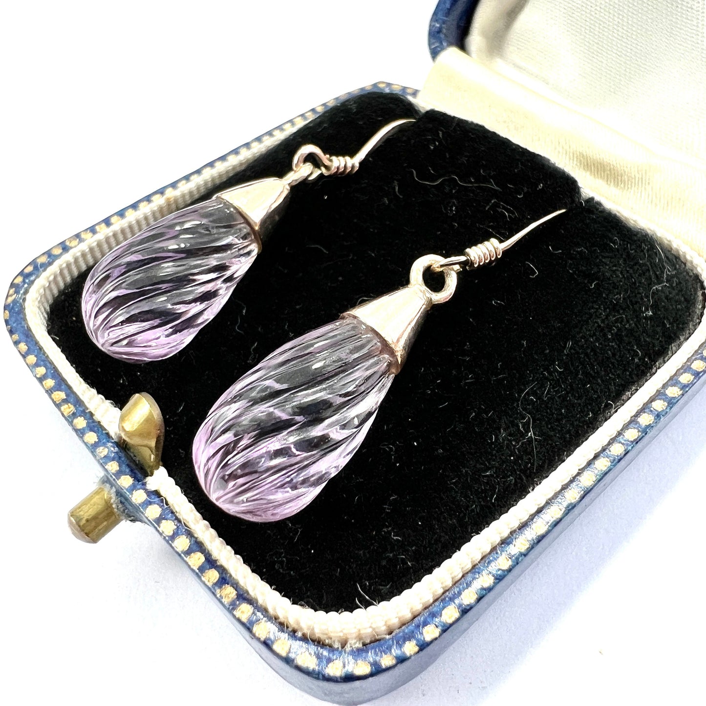 Vintage Carved Amethyst Swirl 9CT Rose Gold Teardrop Earrings