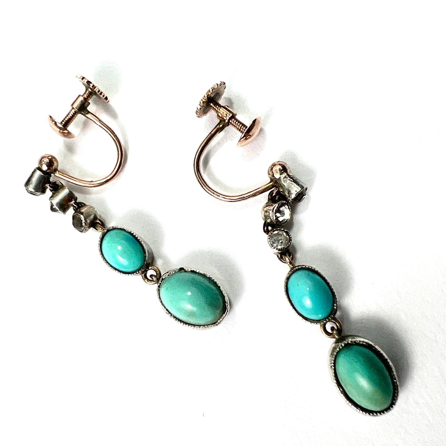 Victorian Gold and Silver Turquoise Paste Diamond Earrings