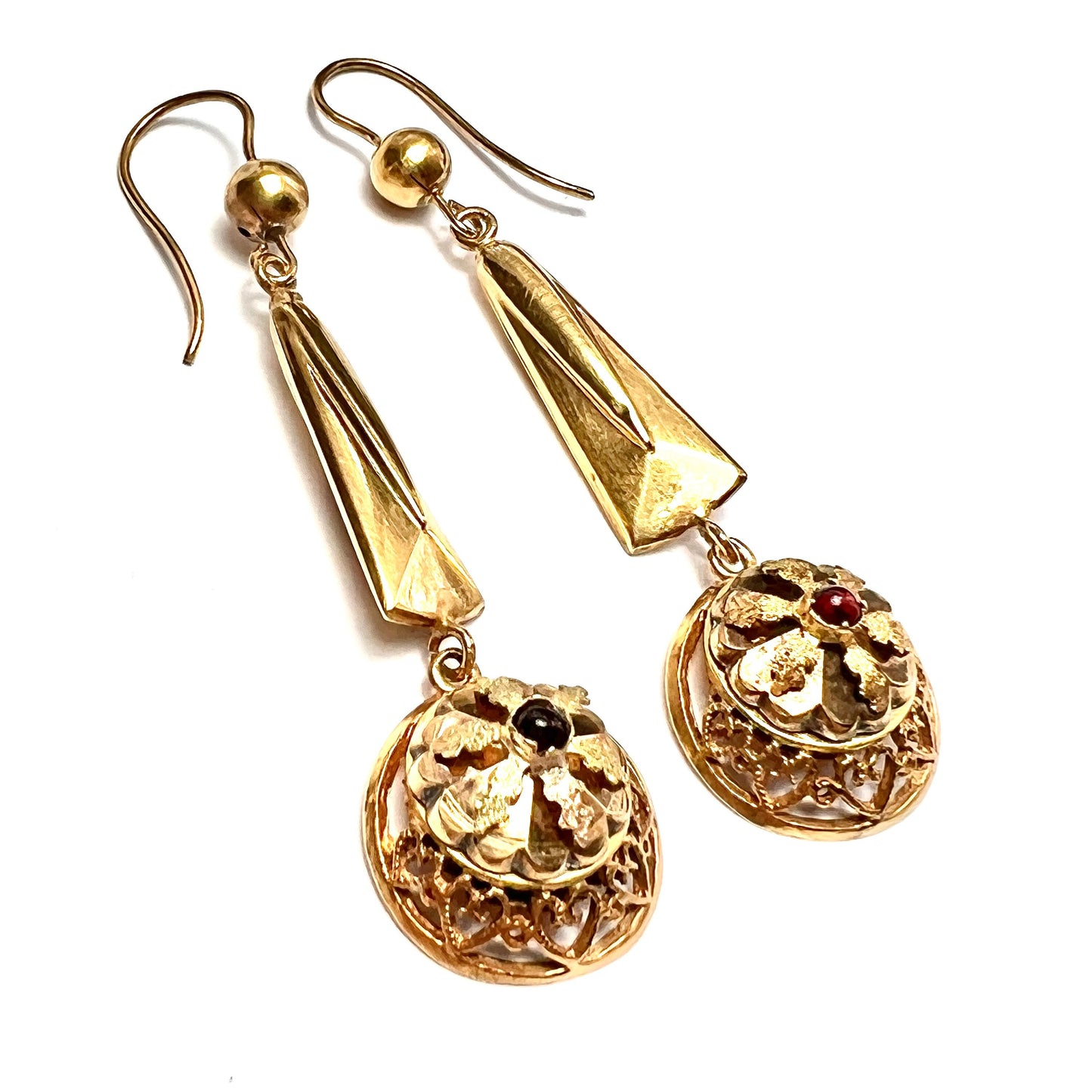 Victorian Garnet Etruscan Revival 9CT Gold Long Drop Earrings