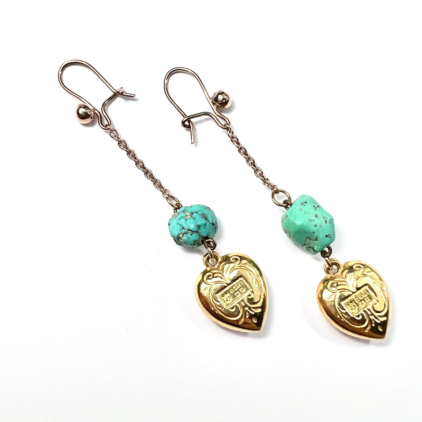Vintage 9CT Gold Chain Drop Turquoise Heart Earrings