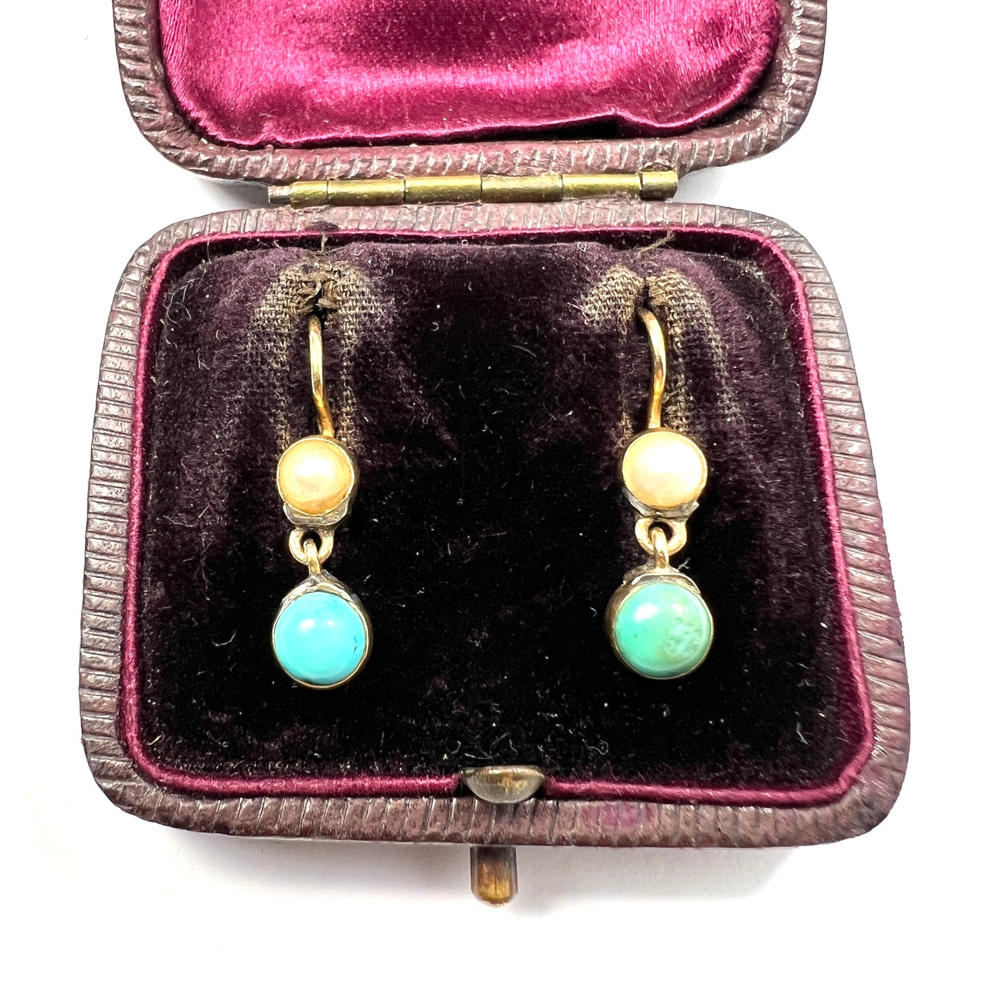 Victorian Gold Turquoise and Pearl Drop Earrings