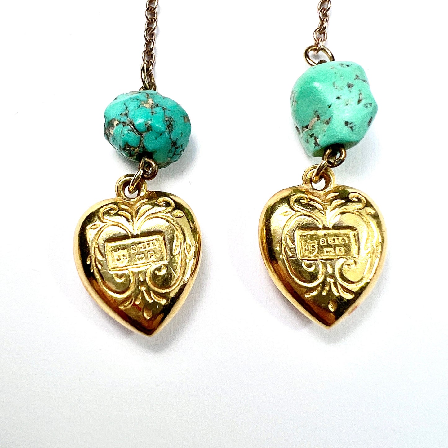 Vintage 9CT Gold Chain Drop Turquoise Heart Earrings