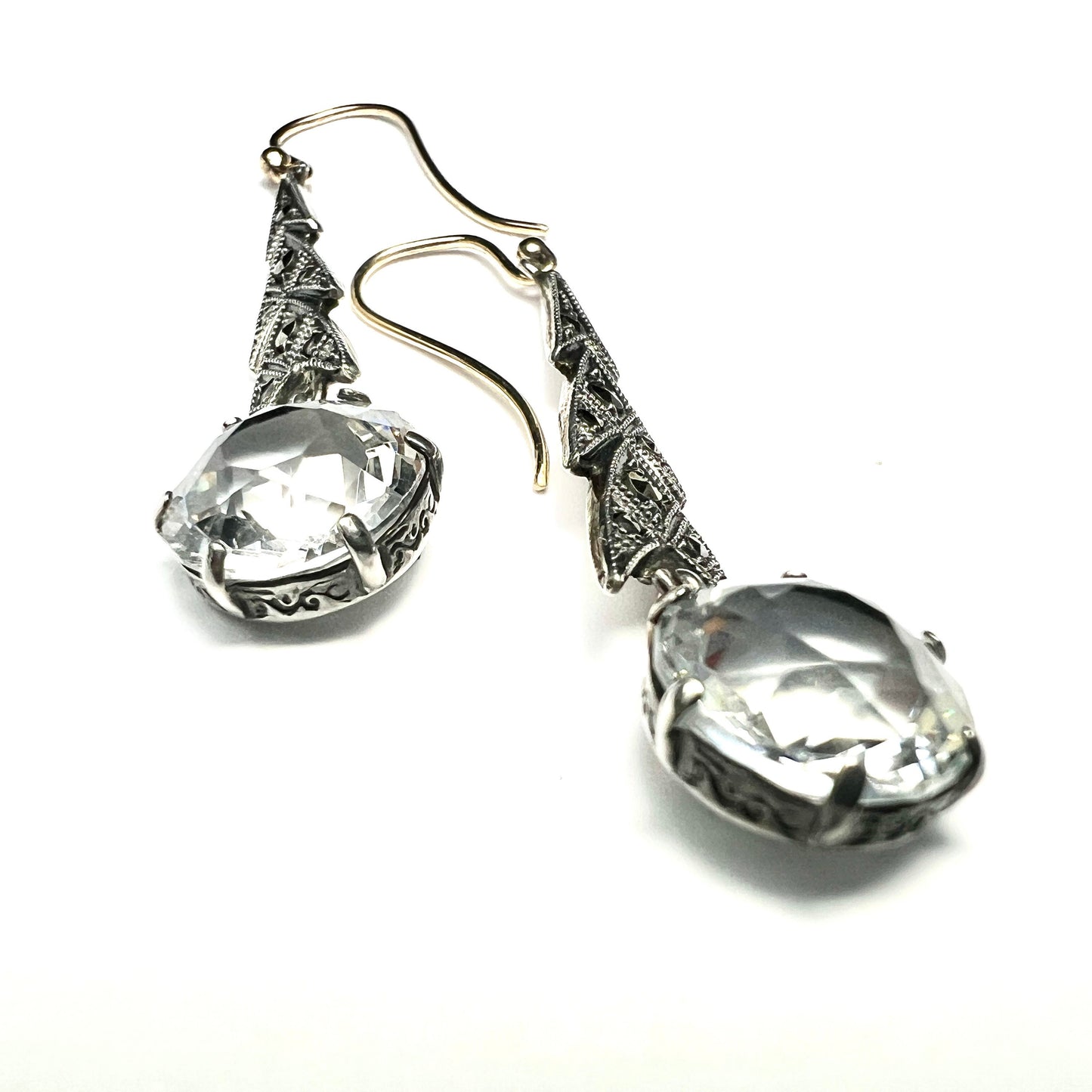 Vintage Art Deco 9CT Gold and Silver Zircon Marcasite Earrings