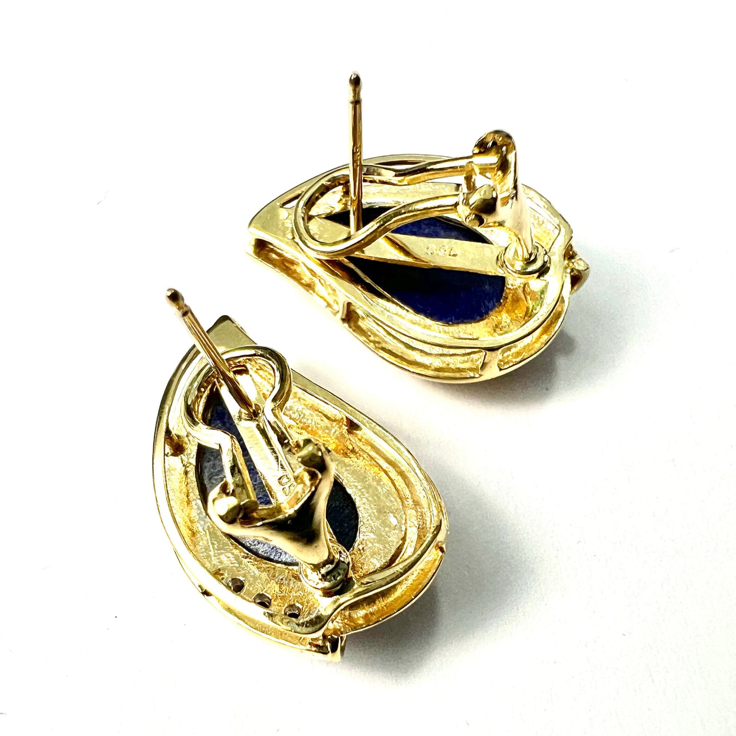 Large Vintage 18CT Gold Lapis Lazuli and Diamond Teardrop Earrings