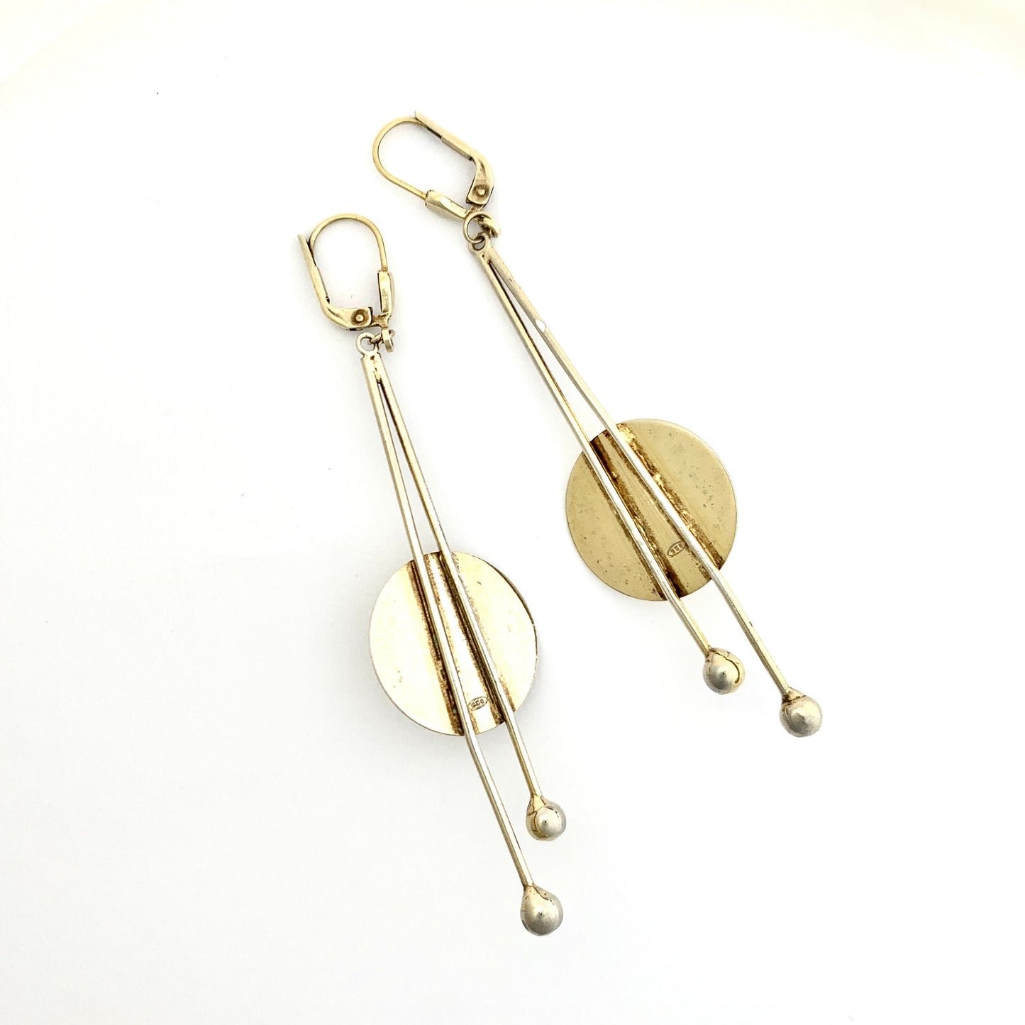 Vintage Modernist Silver Gilt Garnet Long Drop Earrings