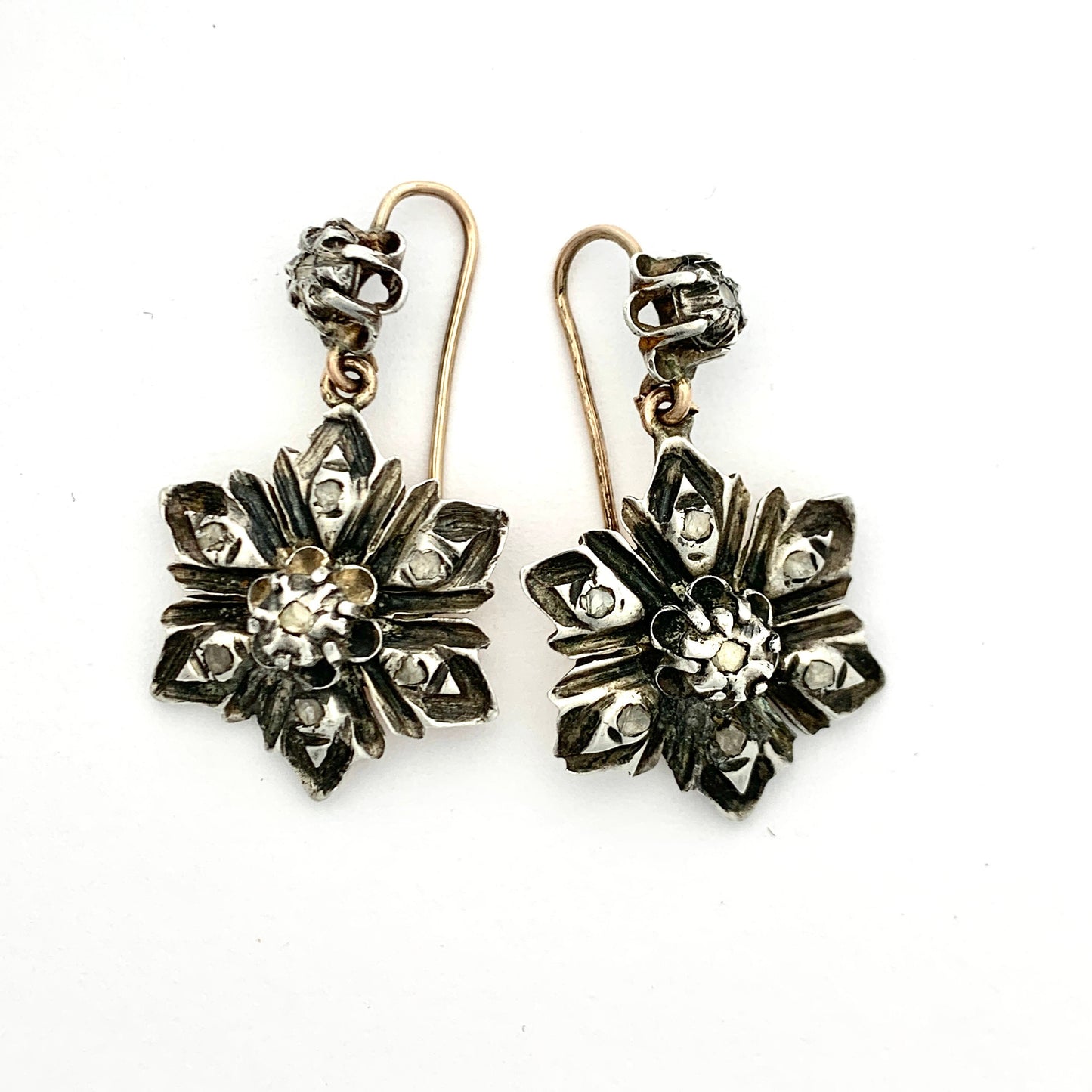 Georgian Rose Cut Diamond Flower Earrings in Silver and Gold