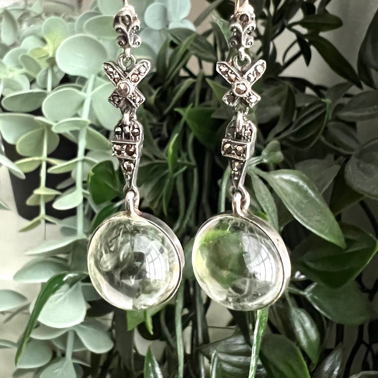 Edwardian Rock Crystal Pools of Light Silver Marcasite Earrings