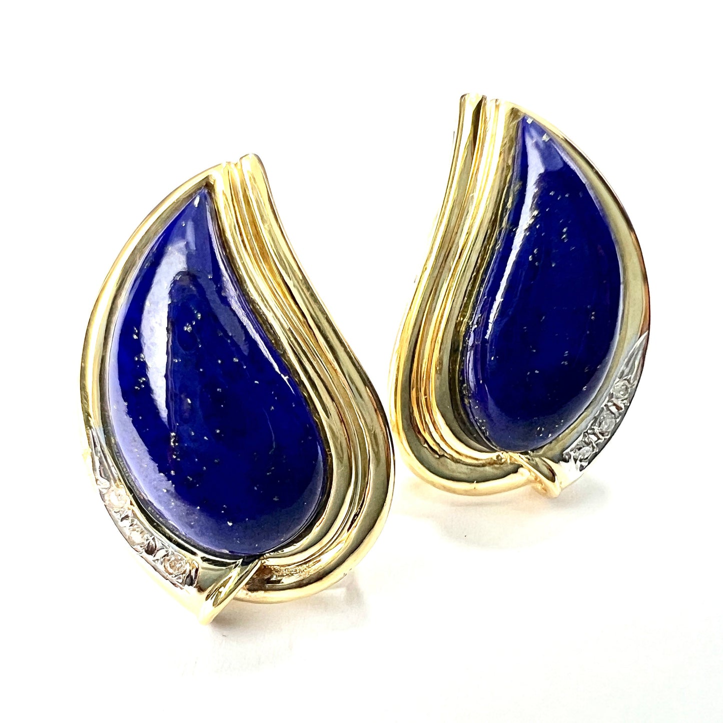 Large Vintage 18CT Gold Lapis Lazuli and Diamond Teardrop Earrings
