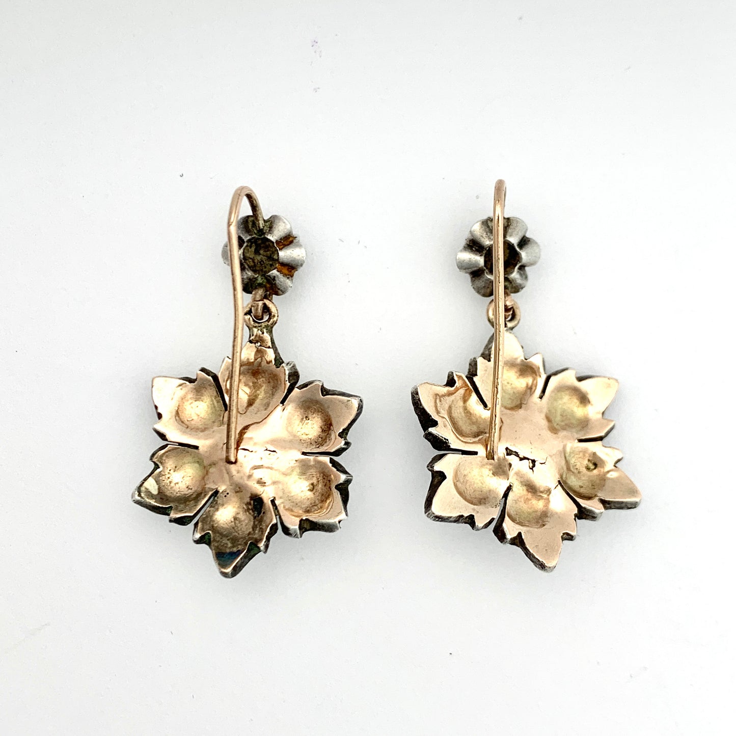 Georgian Rose Cut Diamond Flower Earrings in Silver and Gold