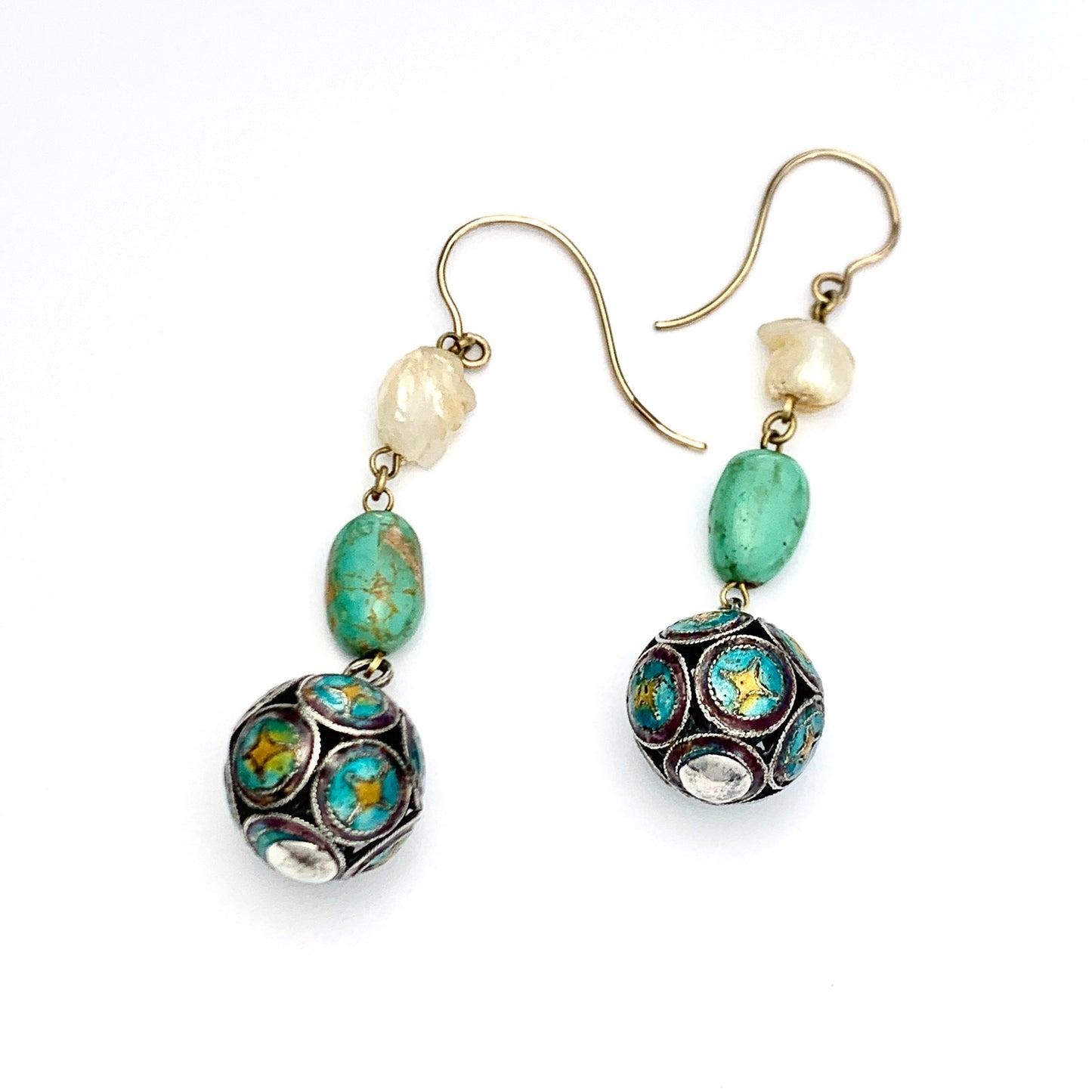 Antique Turquoise Enamelled 9CT Gold and Silver Baroque Pearl Earrings