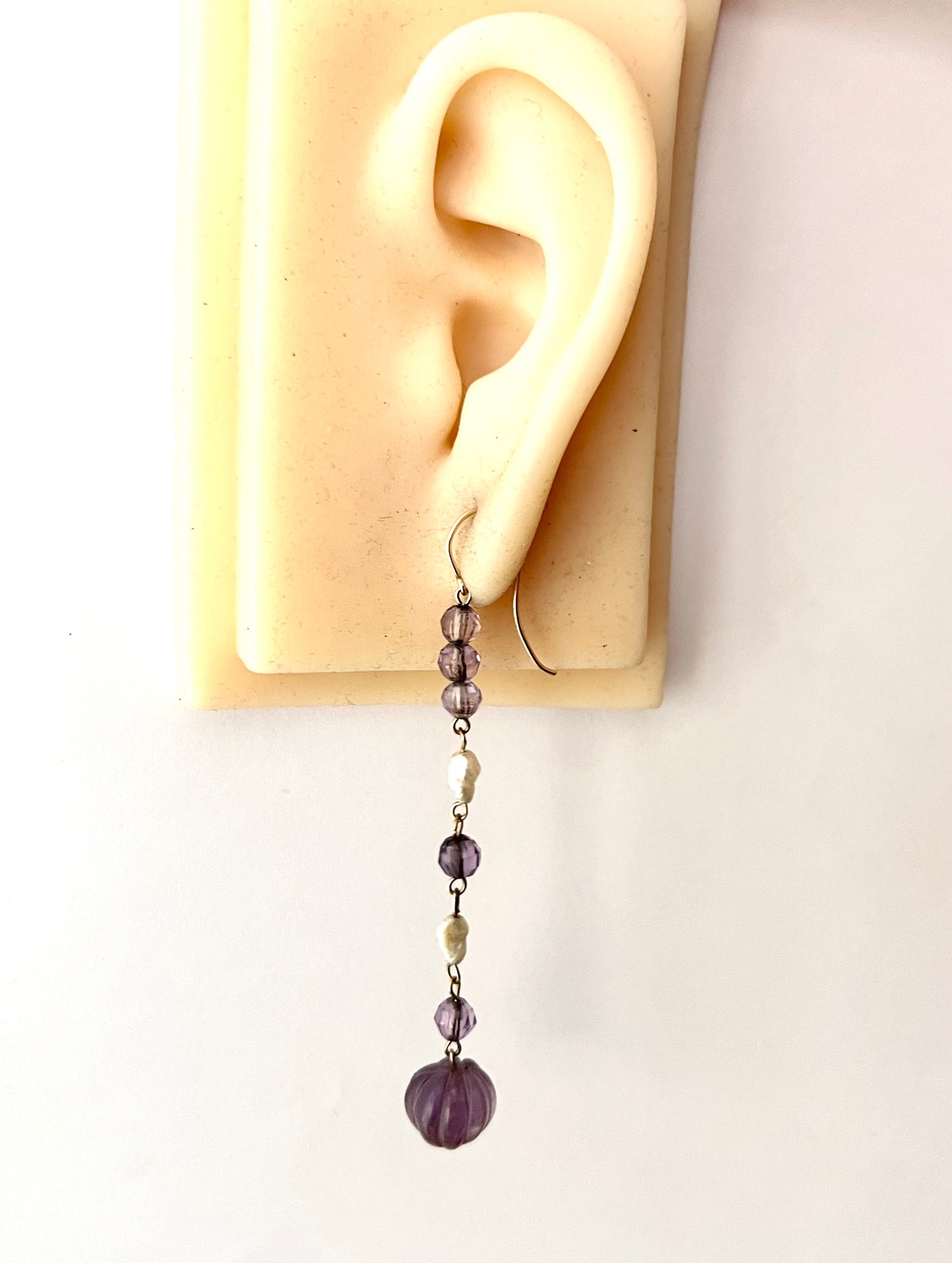 Antique Carved Amethyst and Pearl 9CT Gold Long Drop Earrings