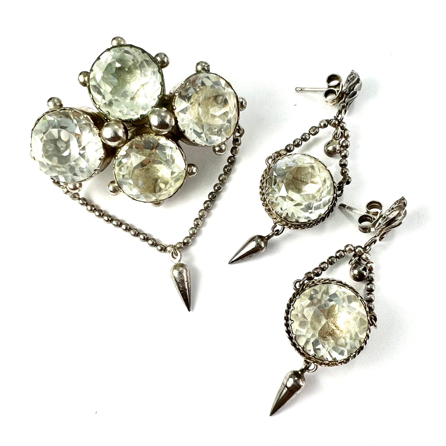 Antique Foiled Paste Silver Demi Parure Earrings and Brooch