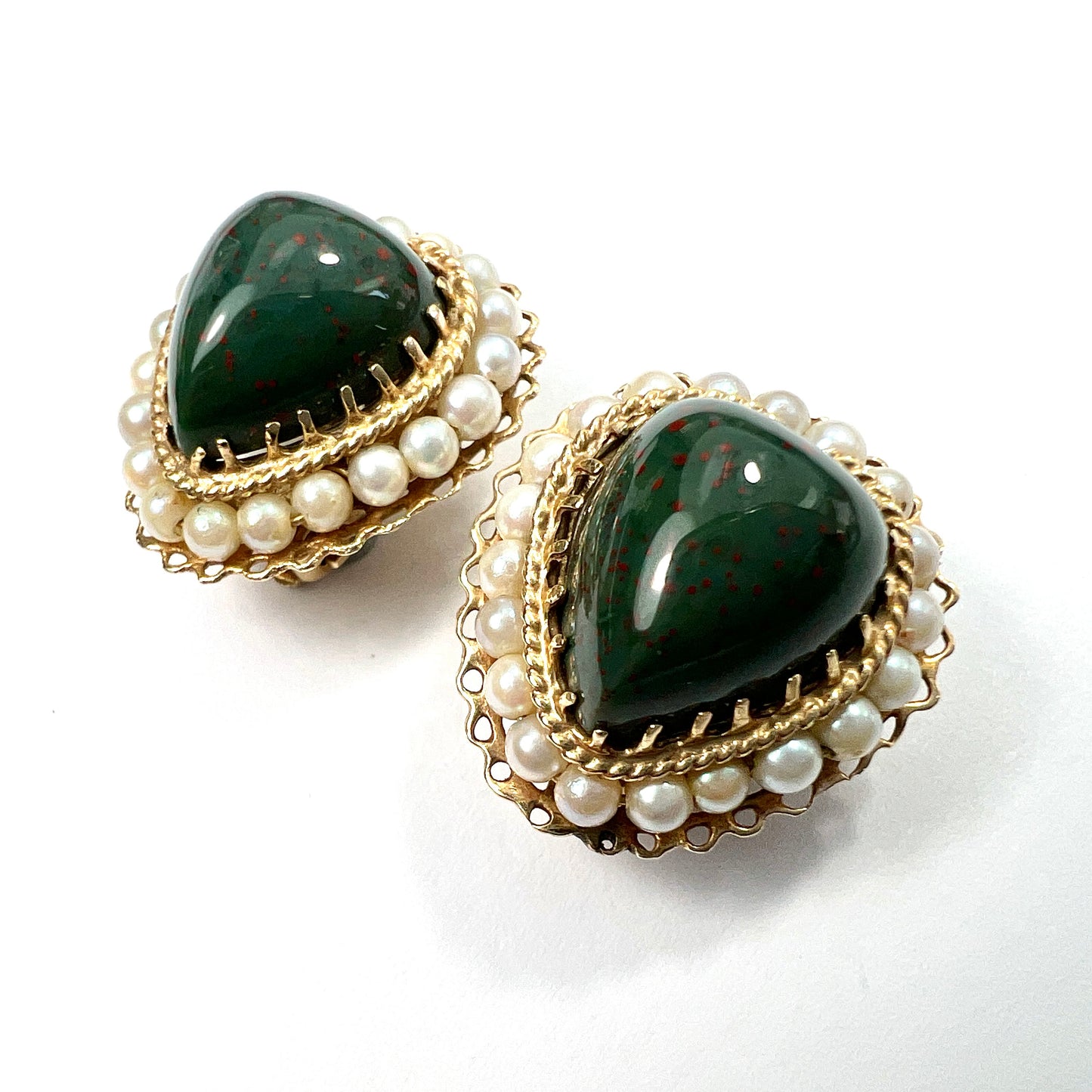 Vintage 14CT Gold Bloodstone Heart Pearl Halo Ear Clips