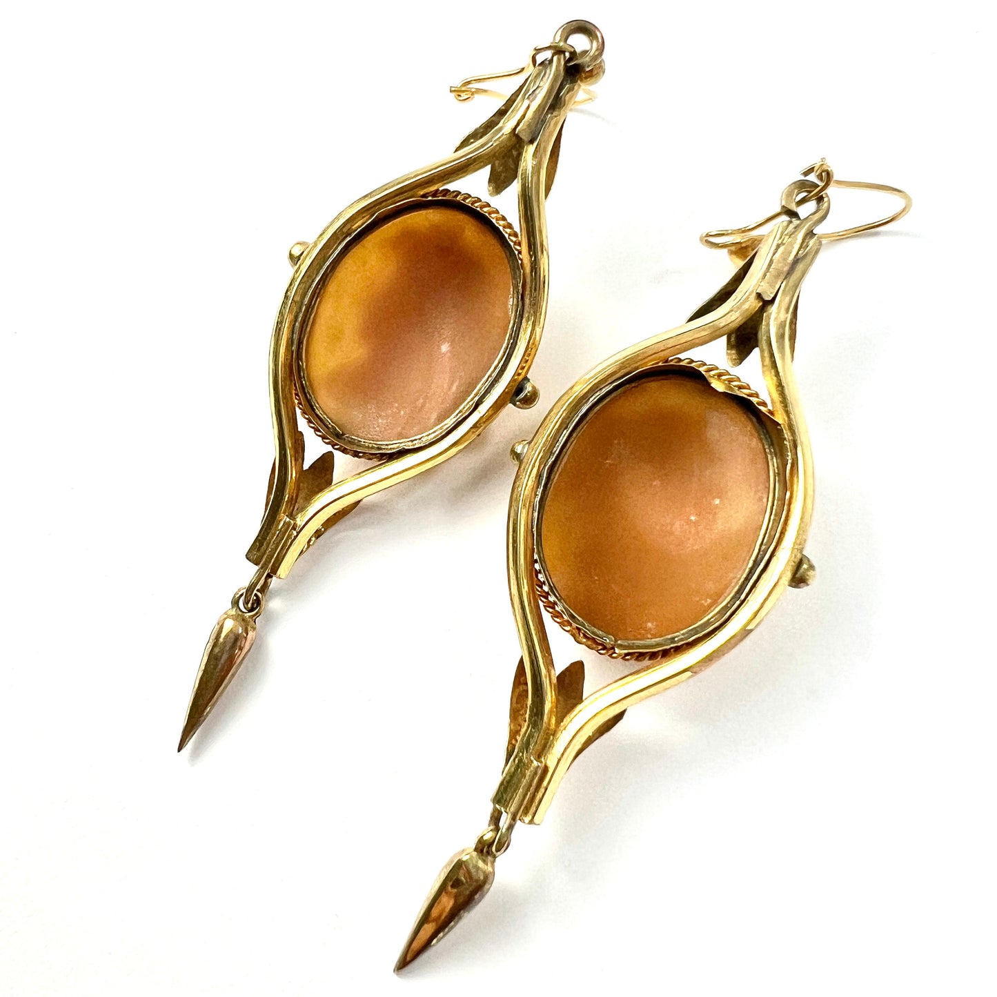 Victorian 9CT Gold Wires Pinchbeck Cameo Long Drop Earrings