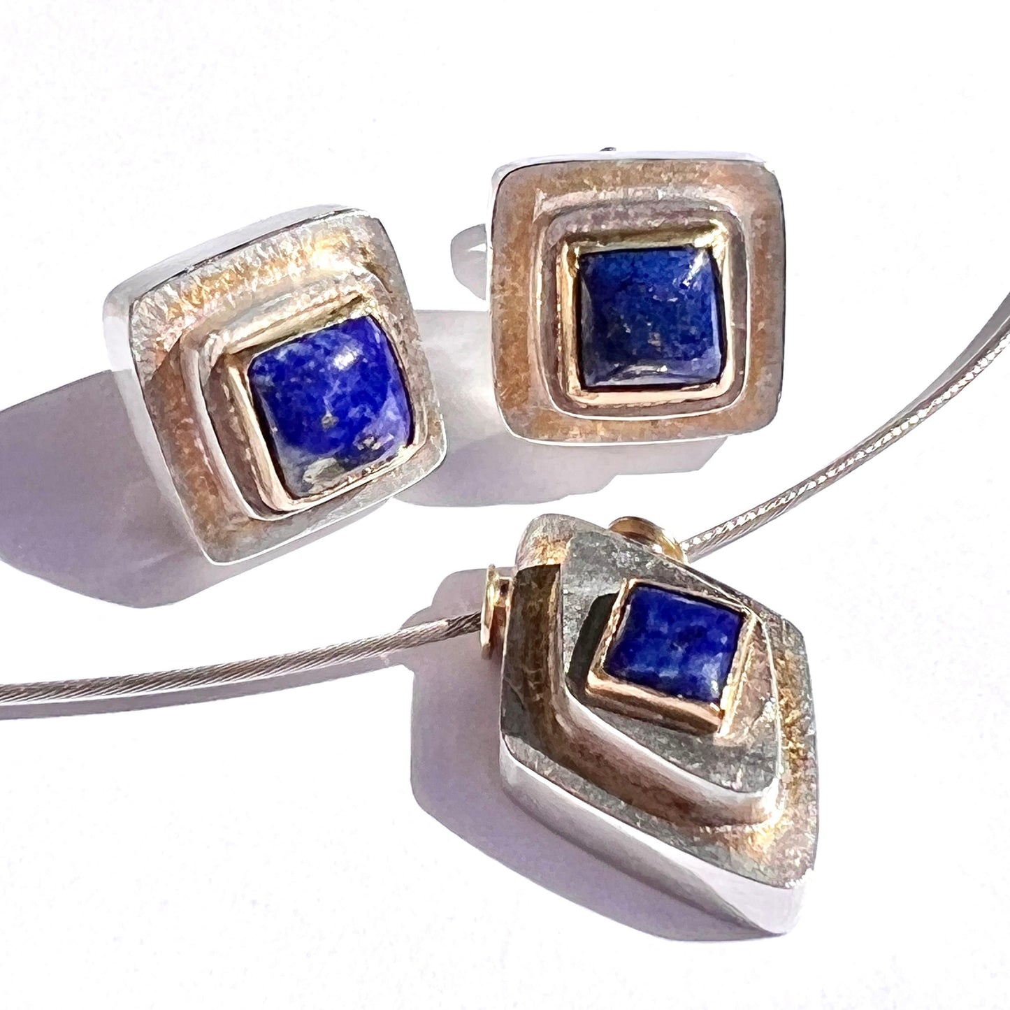 Vintage Chunky Lapis Lazuli Silver and Gold Earrings and Wire Collar Necklace