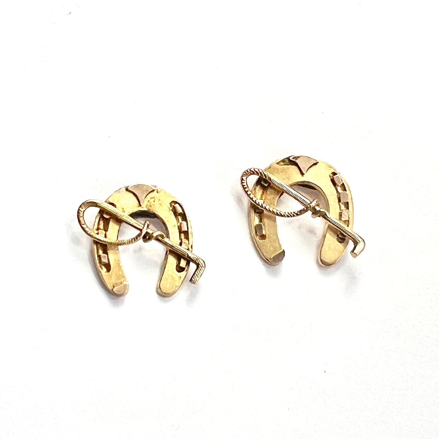 Victorian Lucky Horseshoe and Crop Solid Gold Stud Earrings