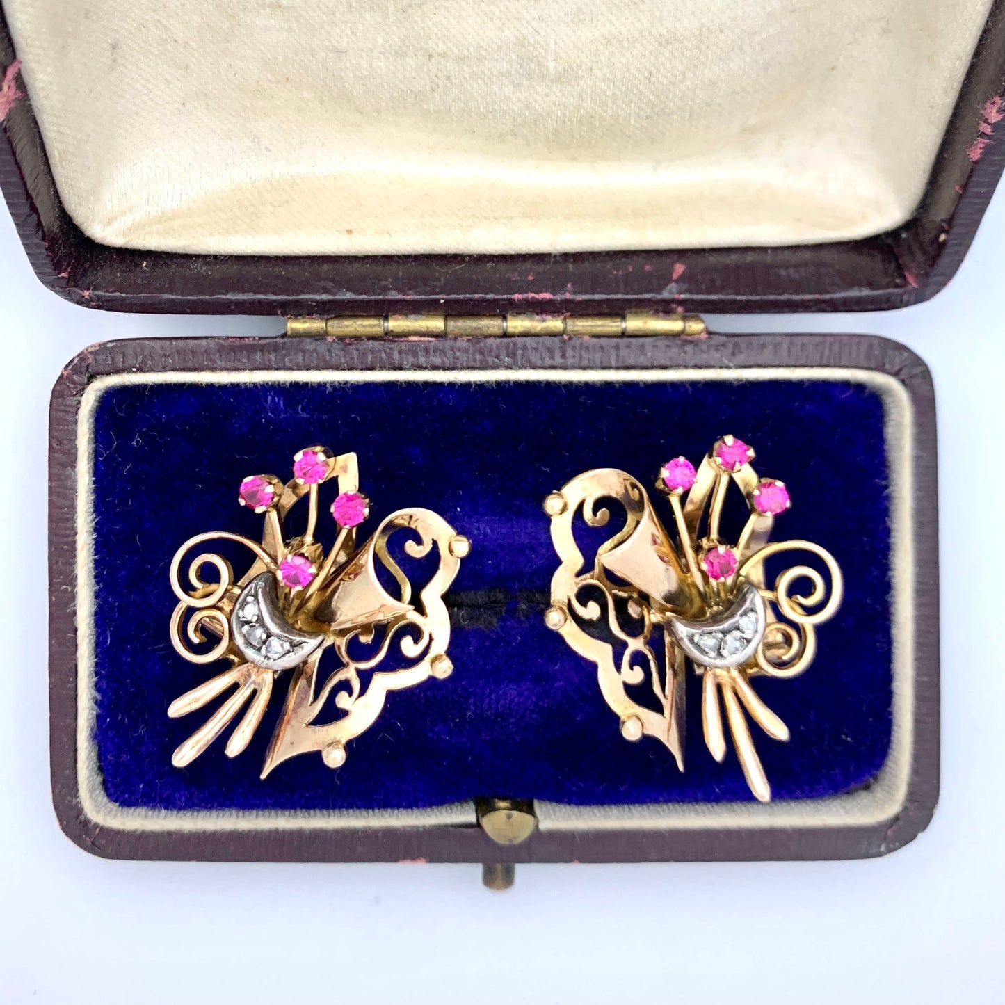 Vintage 18CT Gold Ruby and Diamond Ear Clips