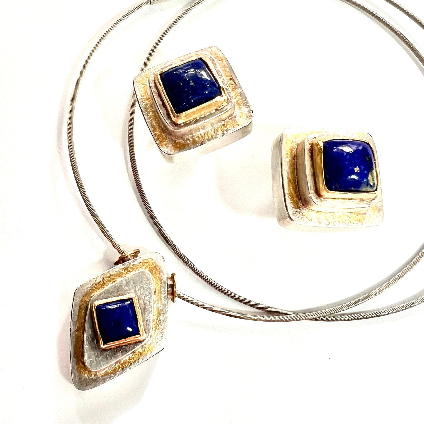 Vintage Chunky Lapis Lazuli Silver and Gold Earrings and Wire Collar Necklace