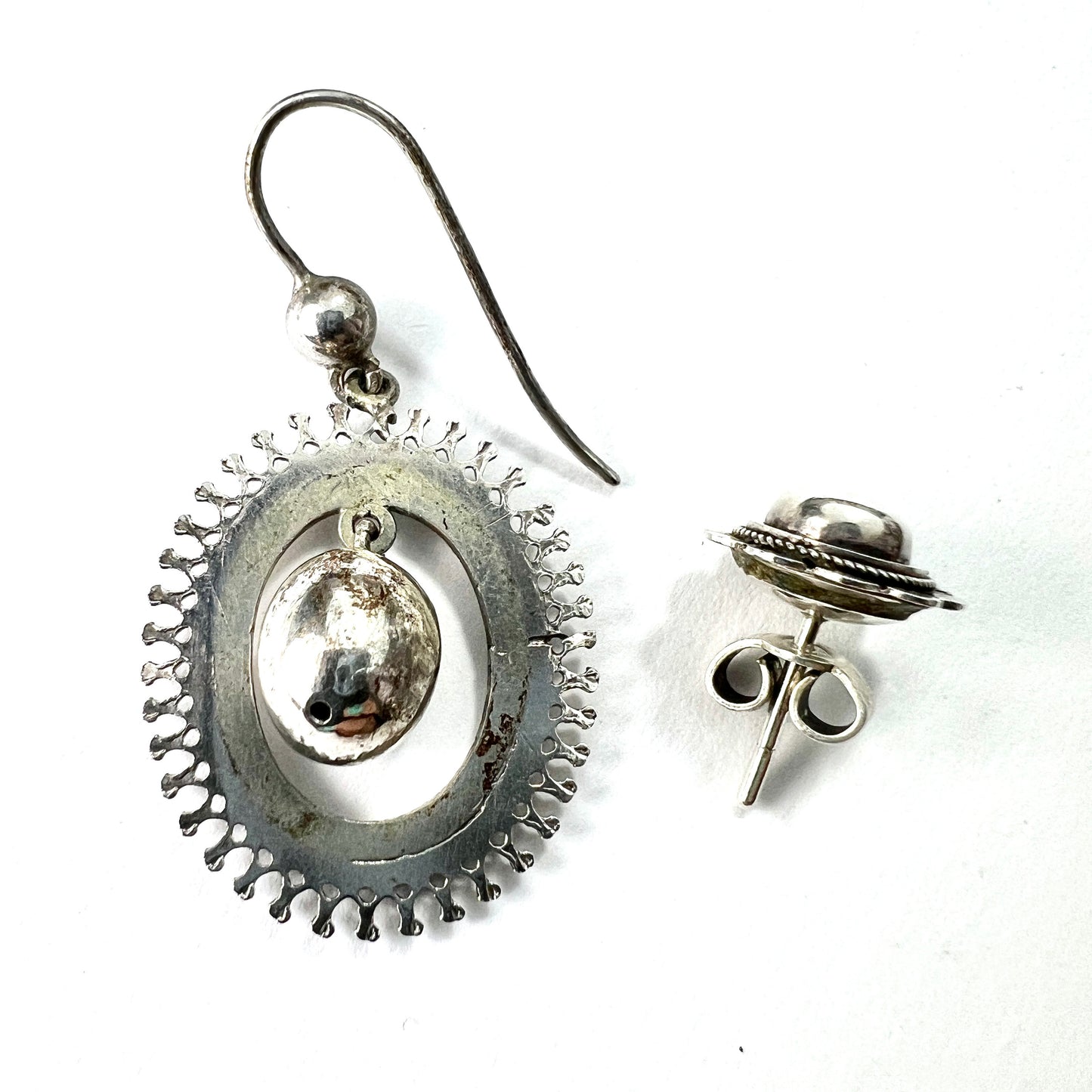 Victorian Mismatch Silver Stud and Drop Earrings