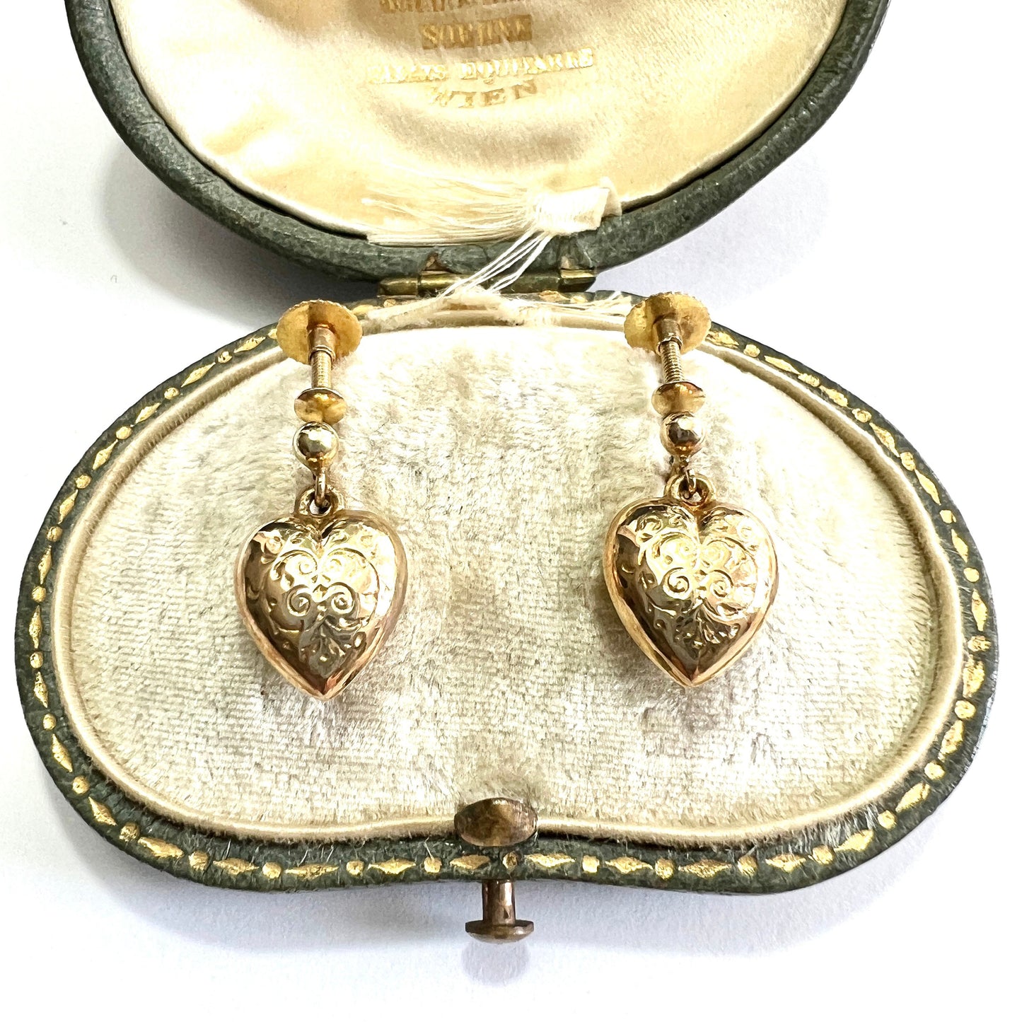 Vintage 9CT Gold Engraved Heart Drop Earrings