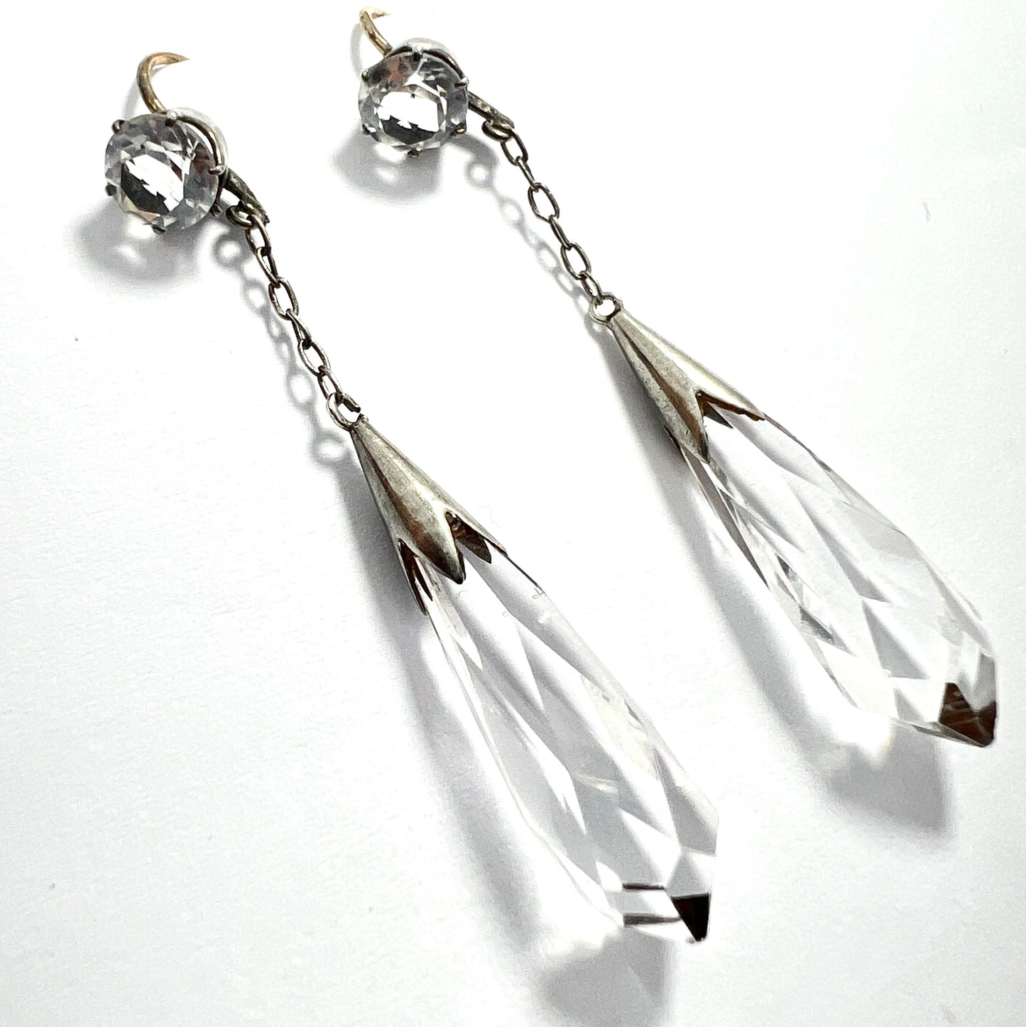 Edwardian 9CT Gold Silver Rock Crystal Chain Drop Earrings