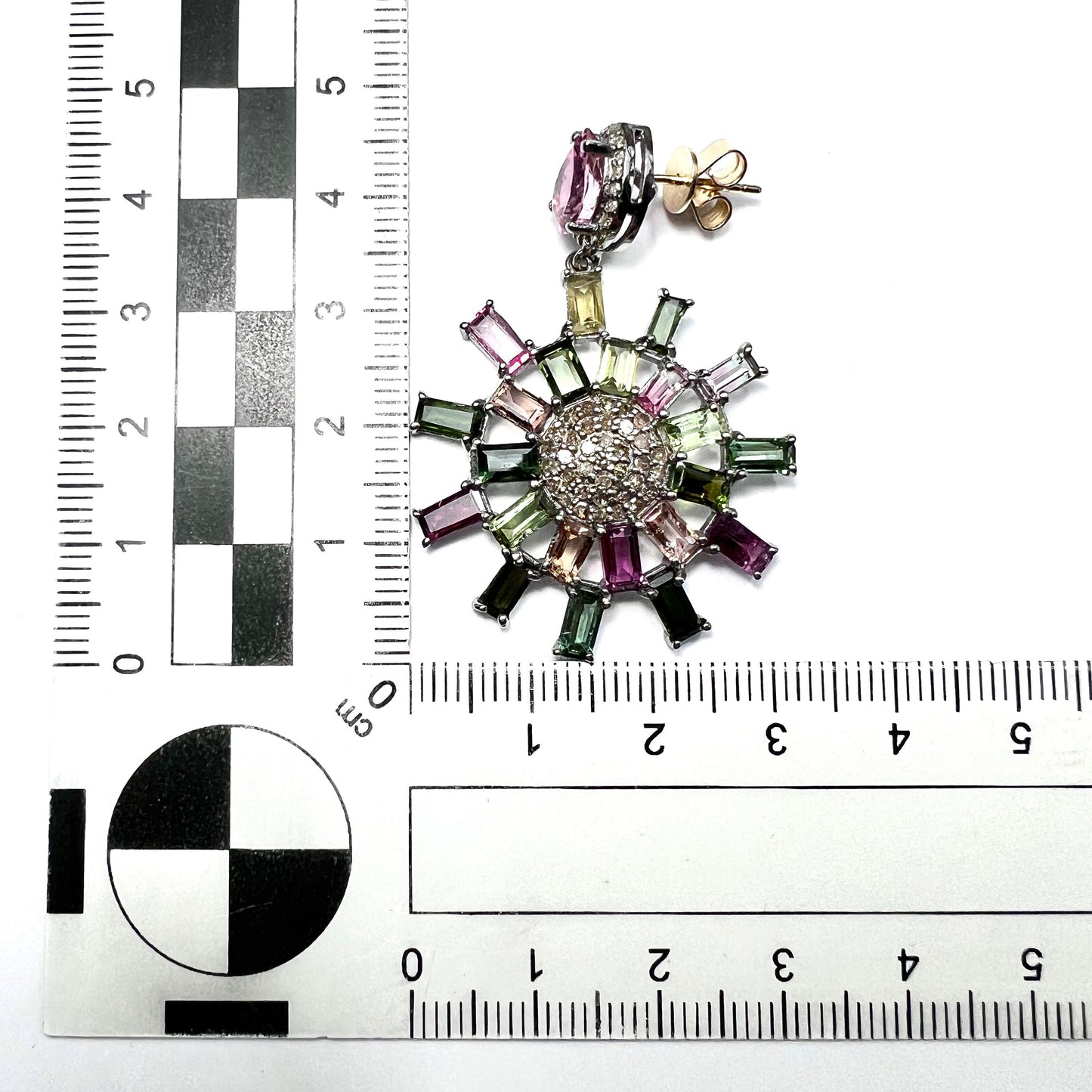 Large Vintage Diamond and Tourmaline 14CT Gold and Silver Wheel Earrings