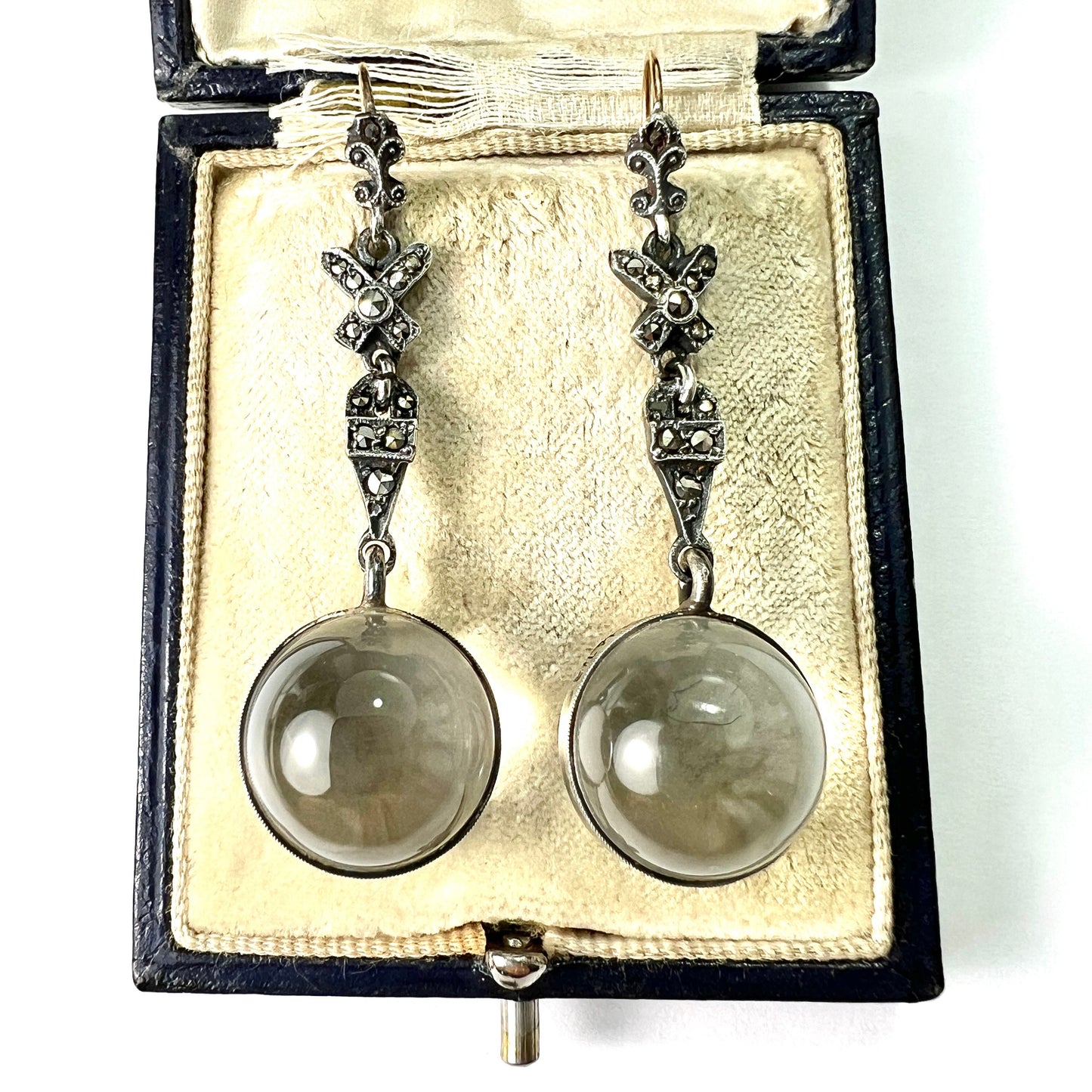 Edwardian Rock Crystal Pools of Light Silver Marcasite Earrings