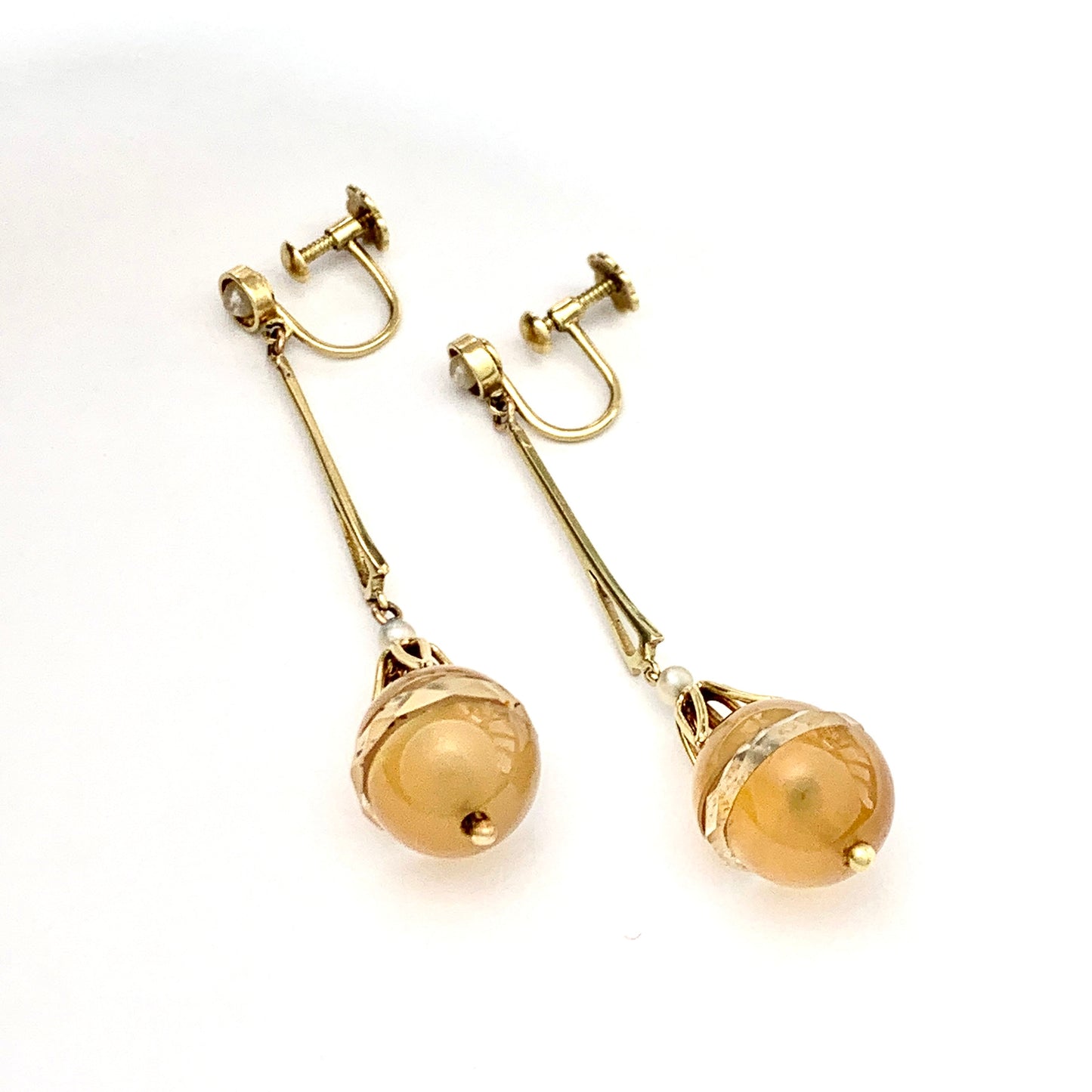 Edwardian 15CT Gold Chalcedony, Pearl and Rock Crystal Egg Long Drop Earrings