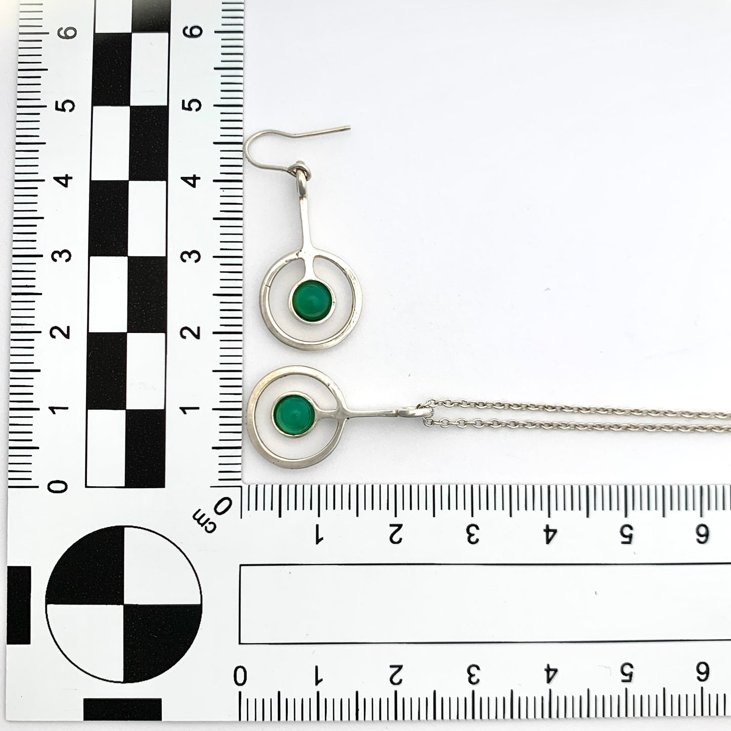 Vintage Scottish Silver Modernist Green Stone Earrings and Necklace