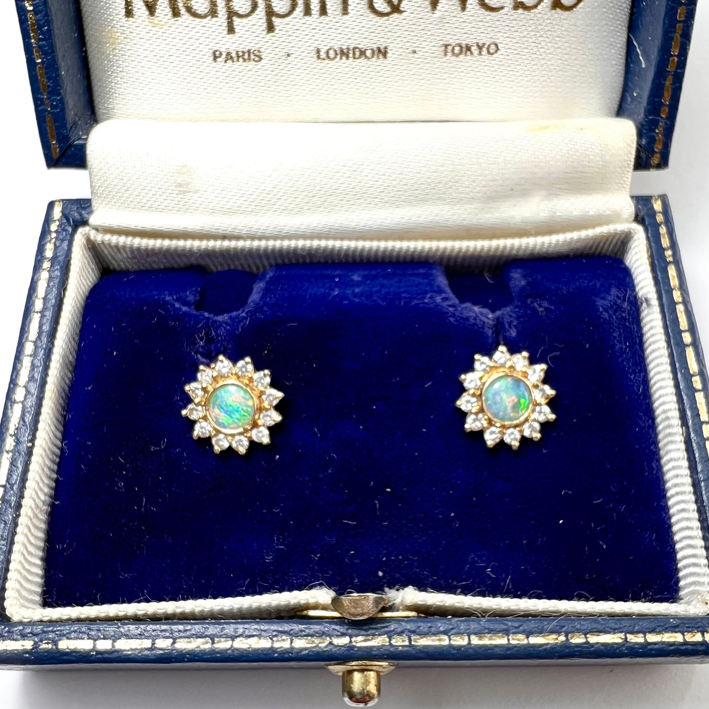 Mappin & Webb Boxed Vintage 18CT Gold Diamond and Opal Sunburst Studs