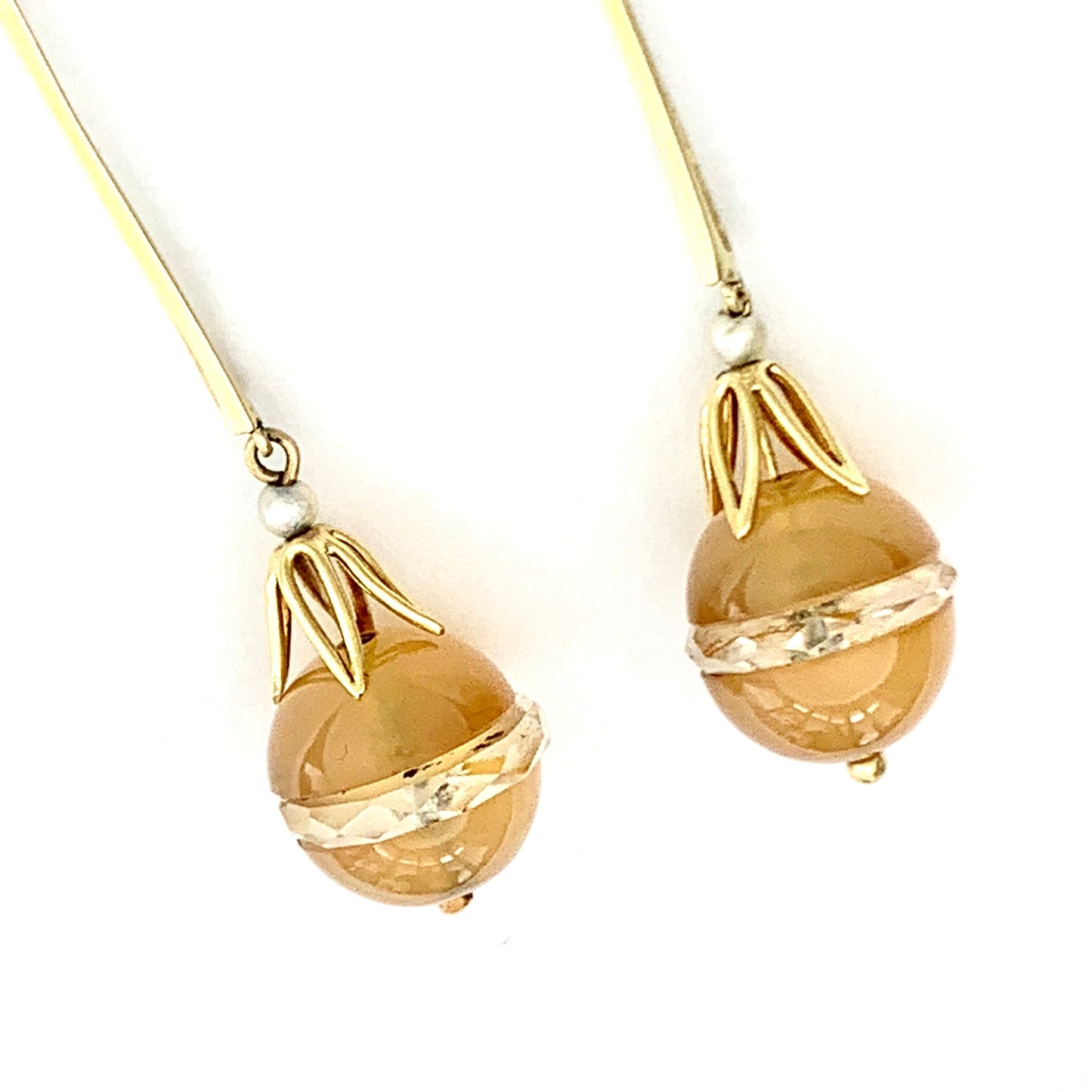 Edwardian 15CT Gold Chalcedony, Pearl and Rock Crystal Egg Long Drop Earrings