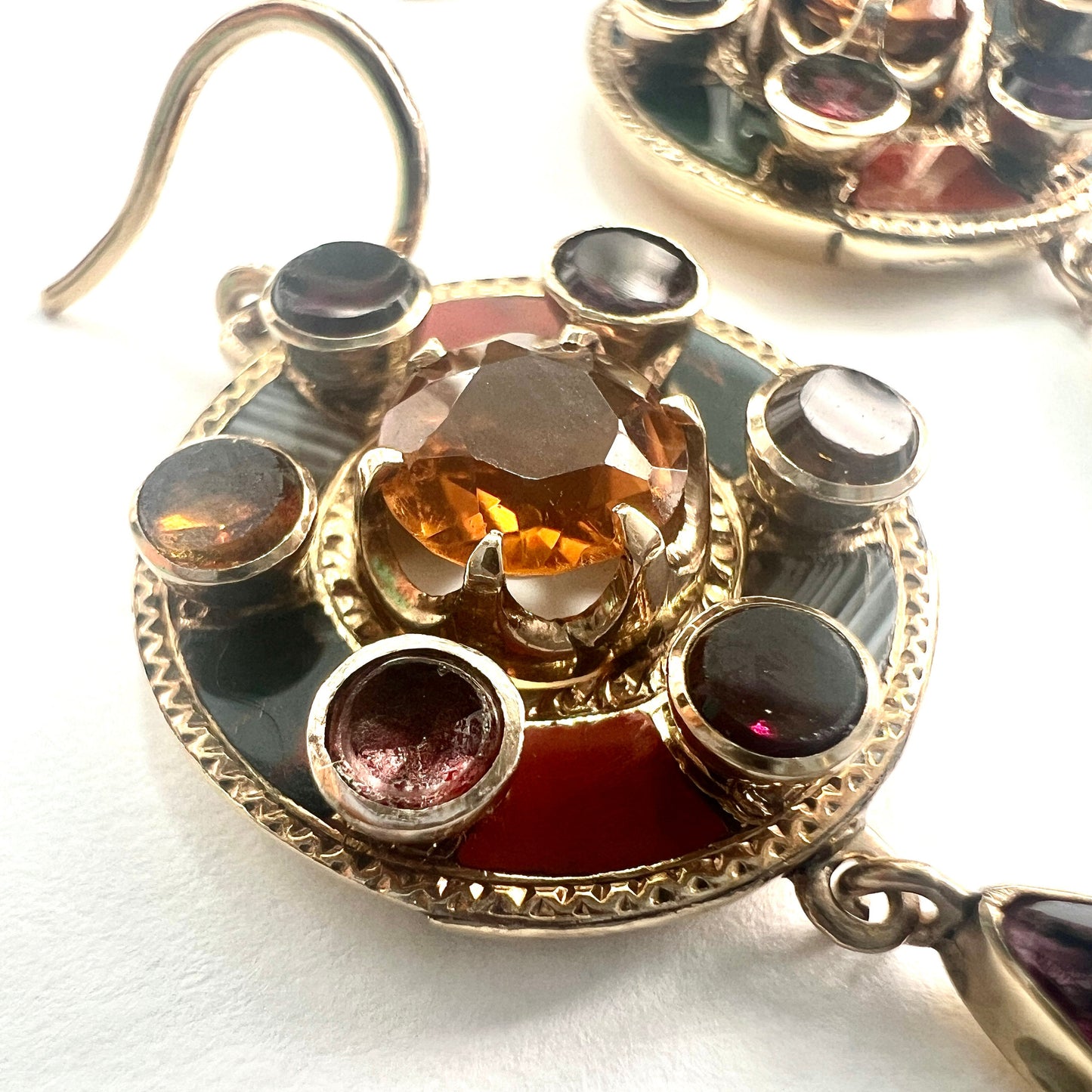 Rare Victorian 9CT Gold Scottish Agate Gemstone Pendant Earrings