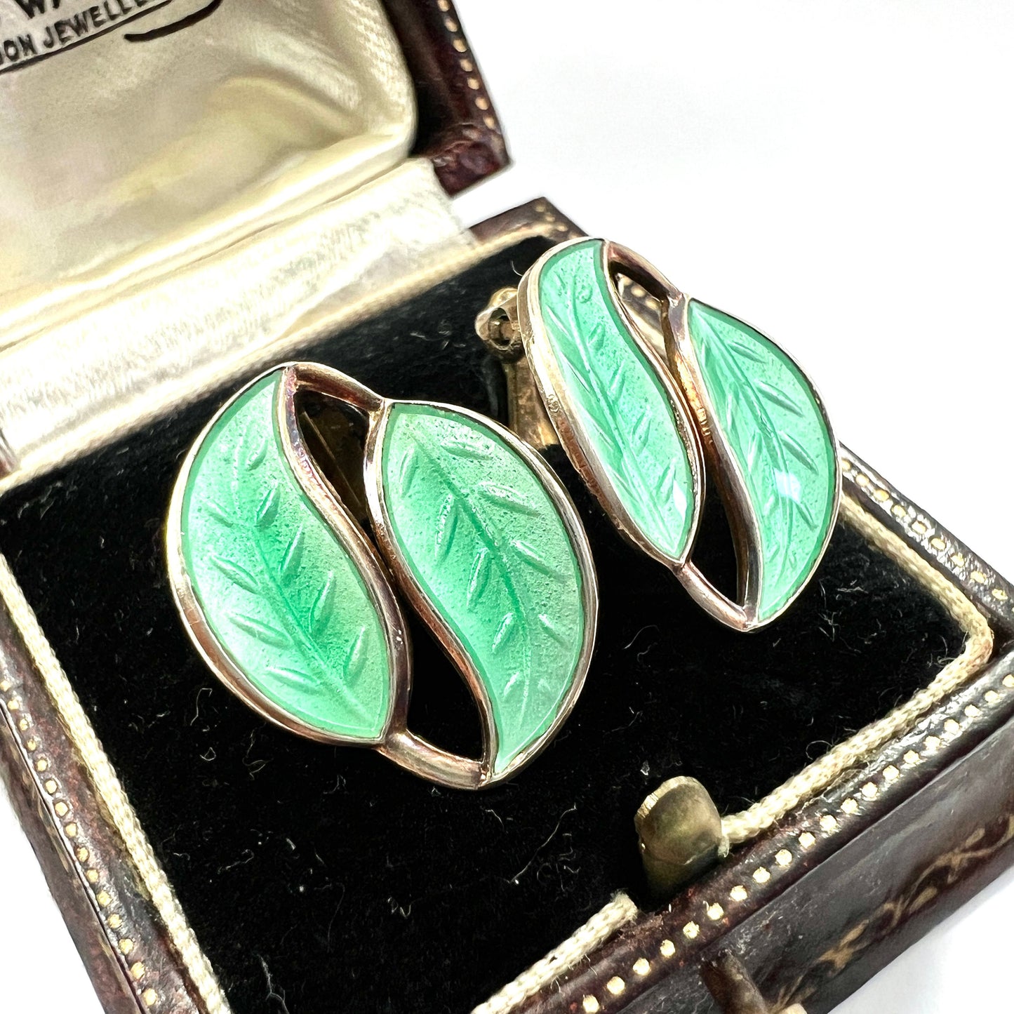 Vintage David Andersen Green Leaf Enamel Silver Ear Clips