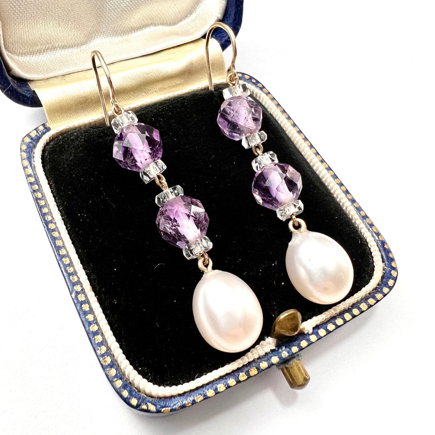 Edwardian Amethyst and Crystal Bead Pearl Drop Earrings in 9CT Gold