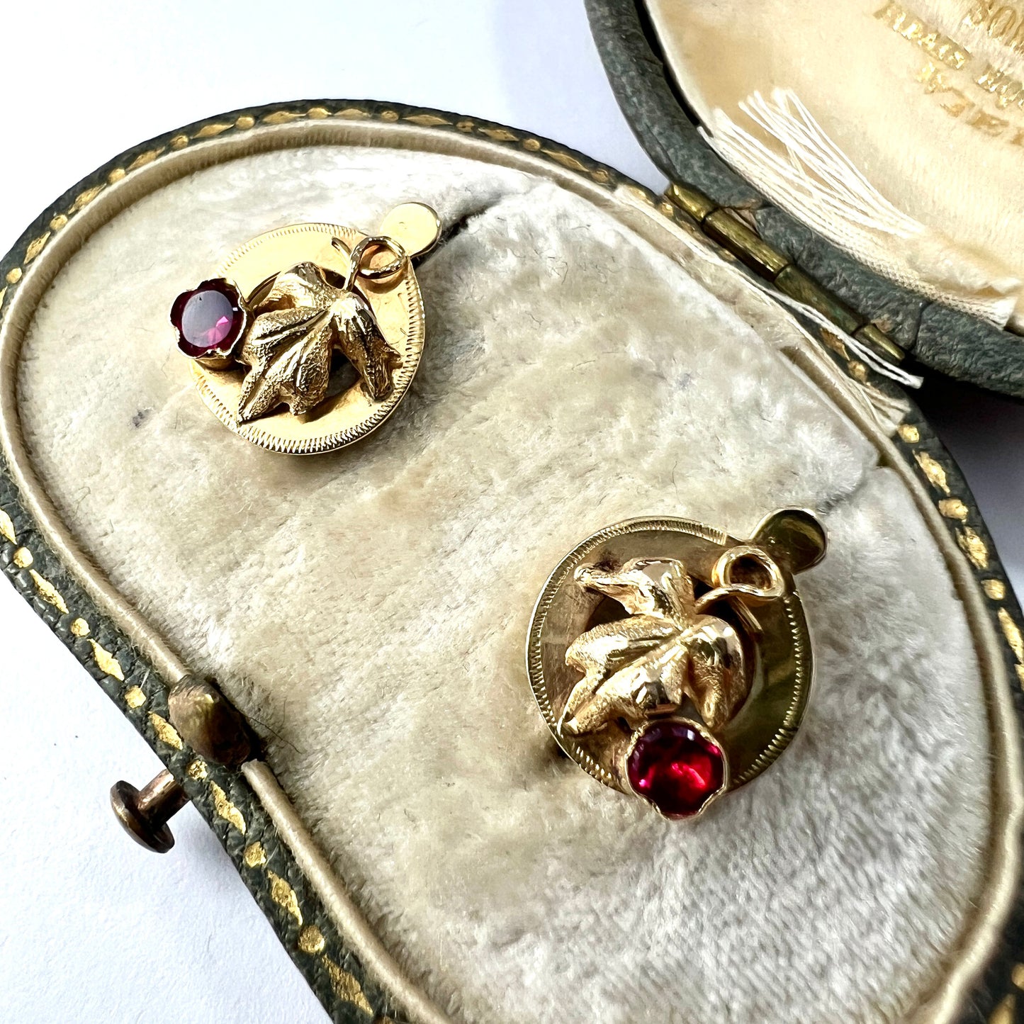Victorian 18CT Gold Ruby Vine Leaf Stud Earrings